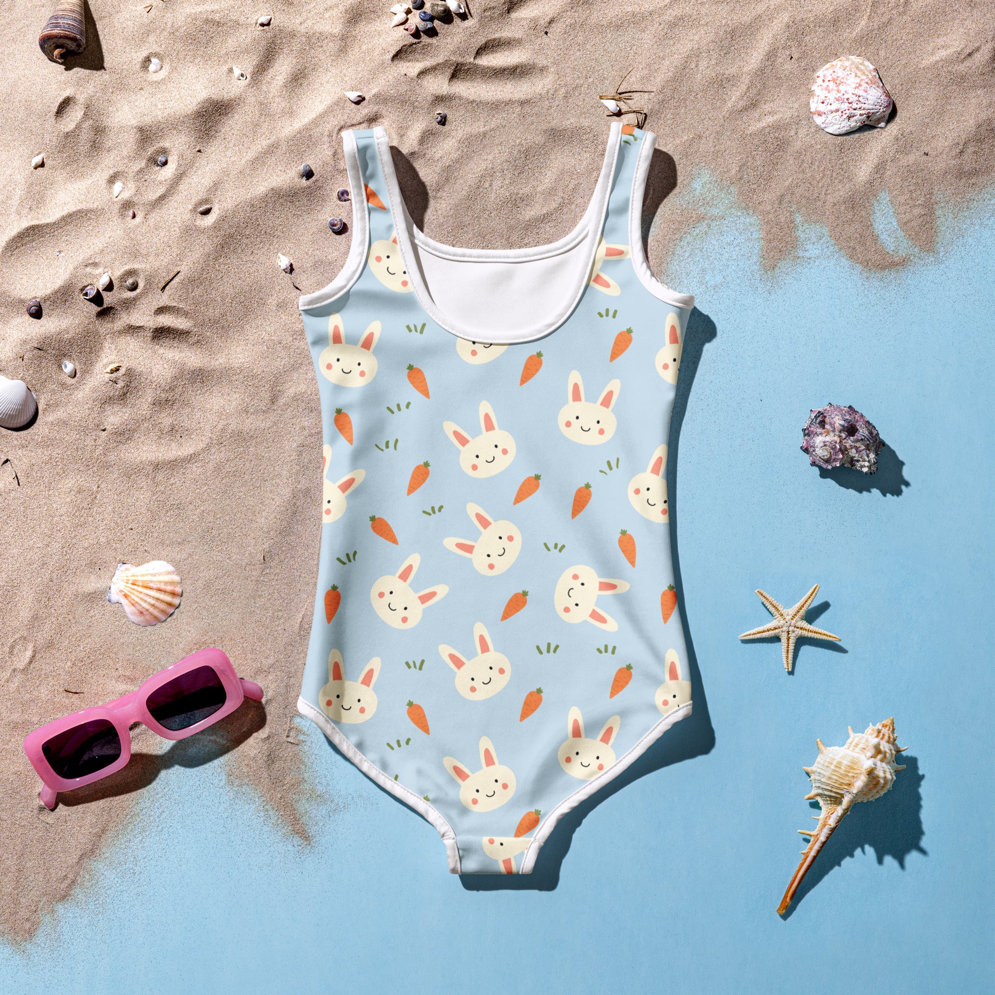 Girls bunny and carrot buttery soft light blue one-piece swimsuit with white trim and UPF 50 plus sun protection