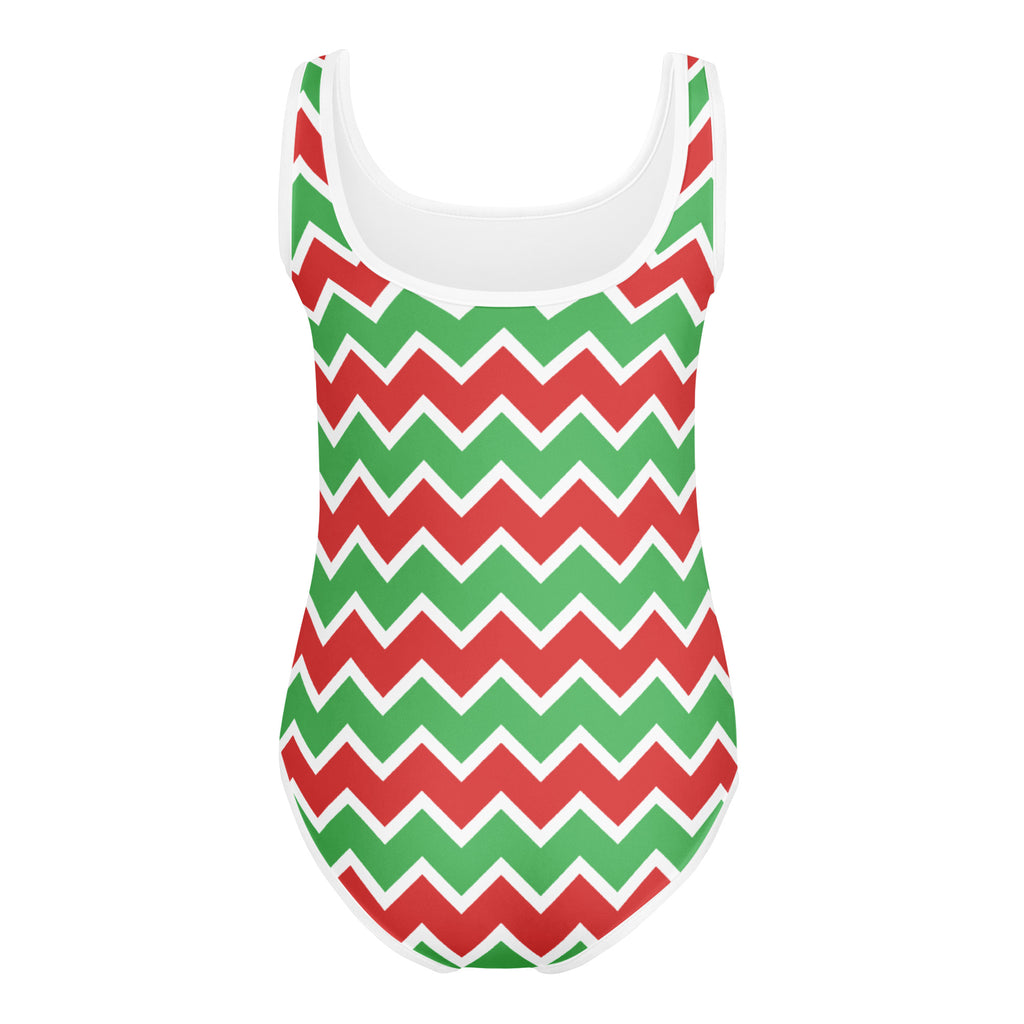 Girls christmas zigzag pattern buttery soft red and green chevron one-piece swimsuit with white trim for dance and gymnastics