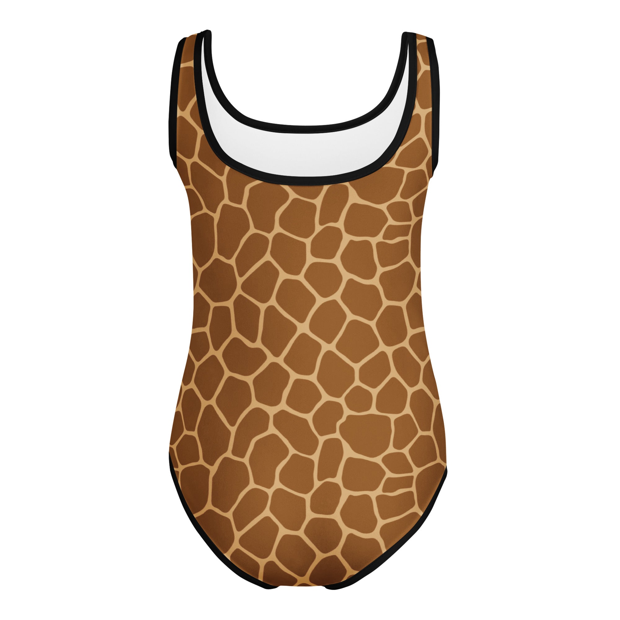 Girls giraffe print buttery soft one-piece swimsuit in brown and tan with black trim, quick drying for dance and gymnastics