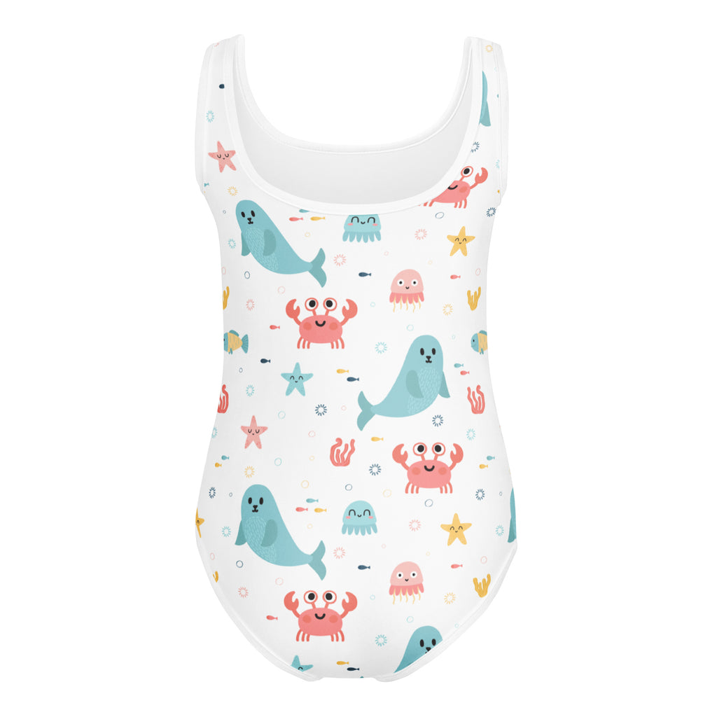 White one-piece girls leotard with blue seals pink crabs and starfish pattern quick drying buttery soft for dance and gymnastics