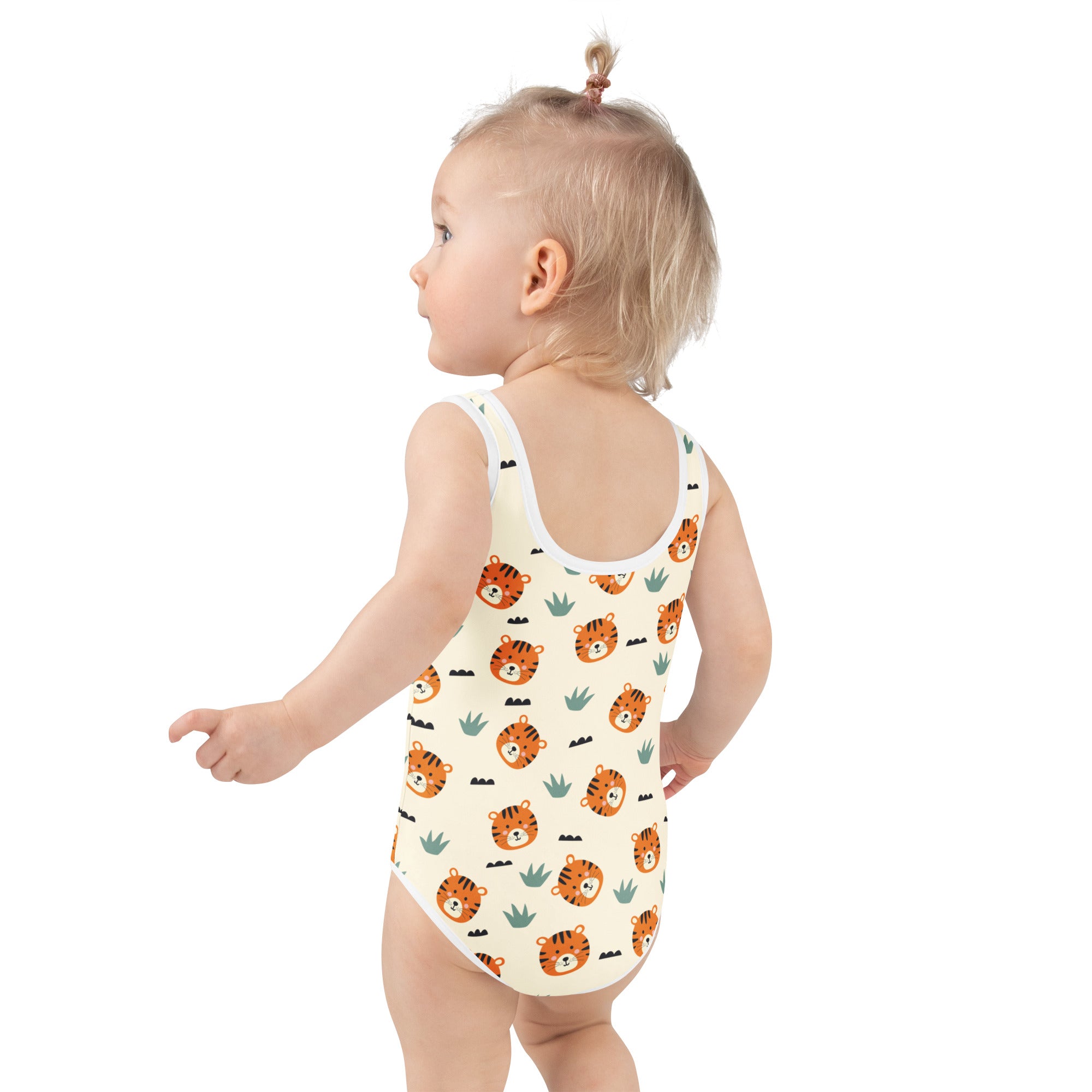 Cream-colored girls butterfly soft swimsuit with upf 50 plus featuring tiger face and cactus print pattern