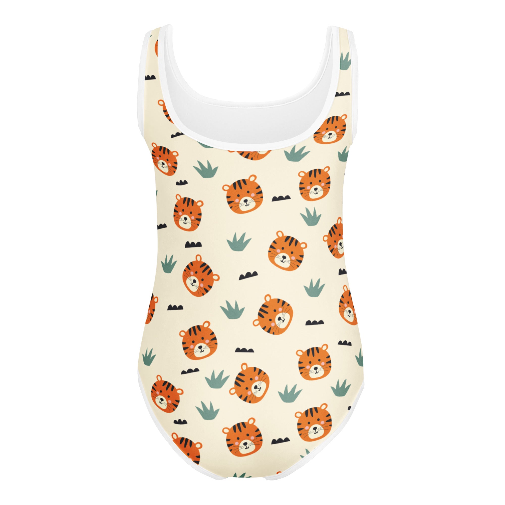 A cream one-piece girls leotard with orange tiger faces and green cacti quick drying for dance and gymnastics