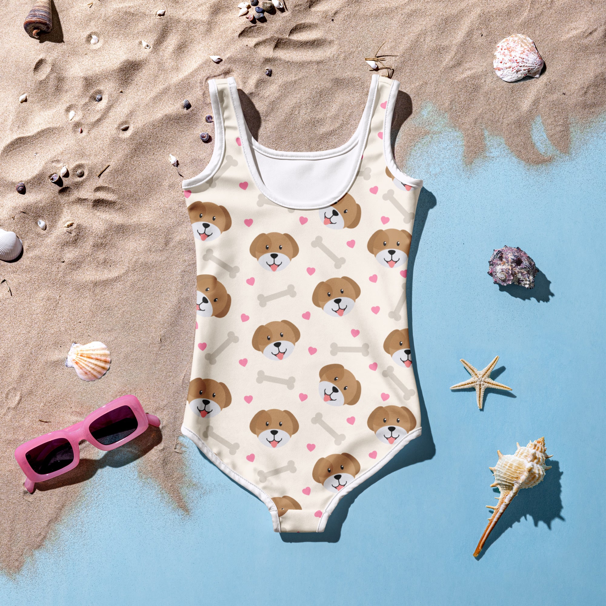 Girls Hearts and Puppies Buttery Soft Swimsuit With UPF 50+