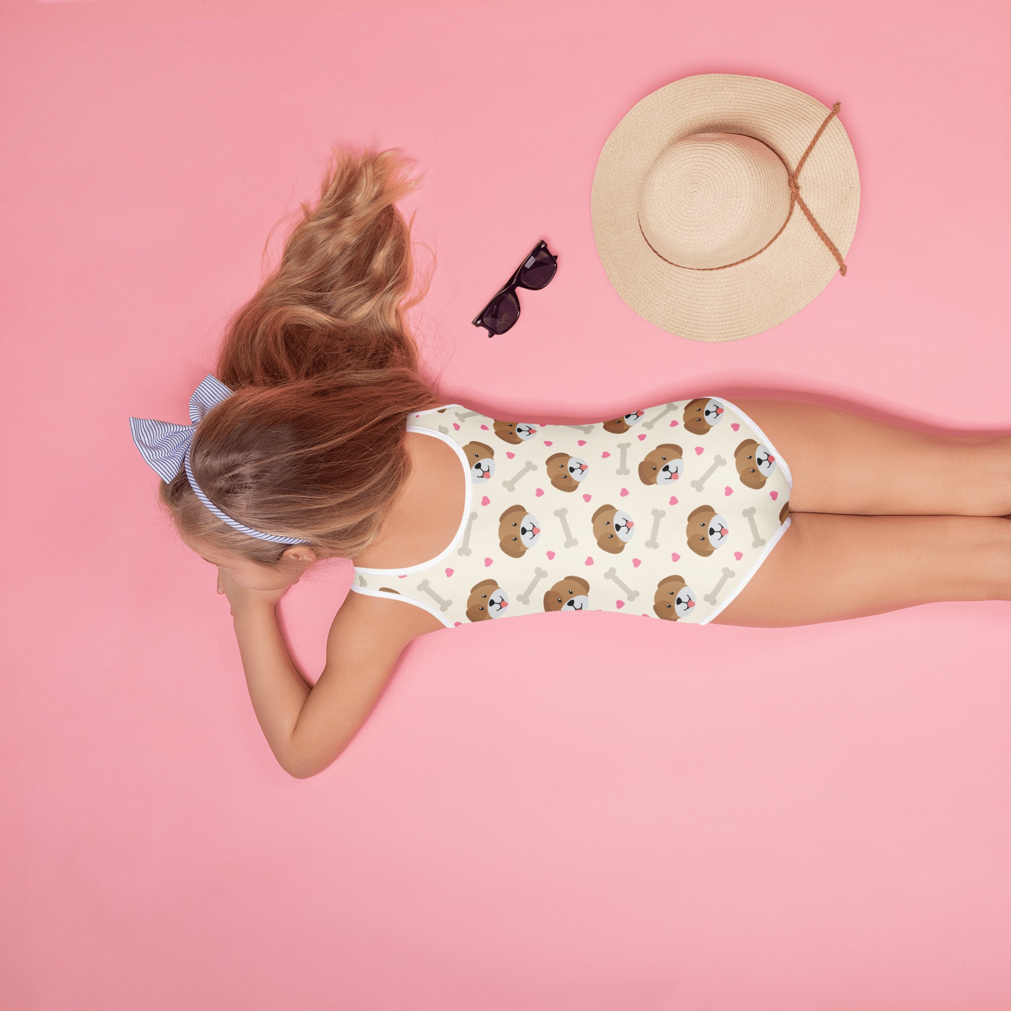 Girls Hearts and Puppies Buttery Soft Swimsuit With UPF 50+