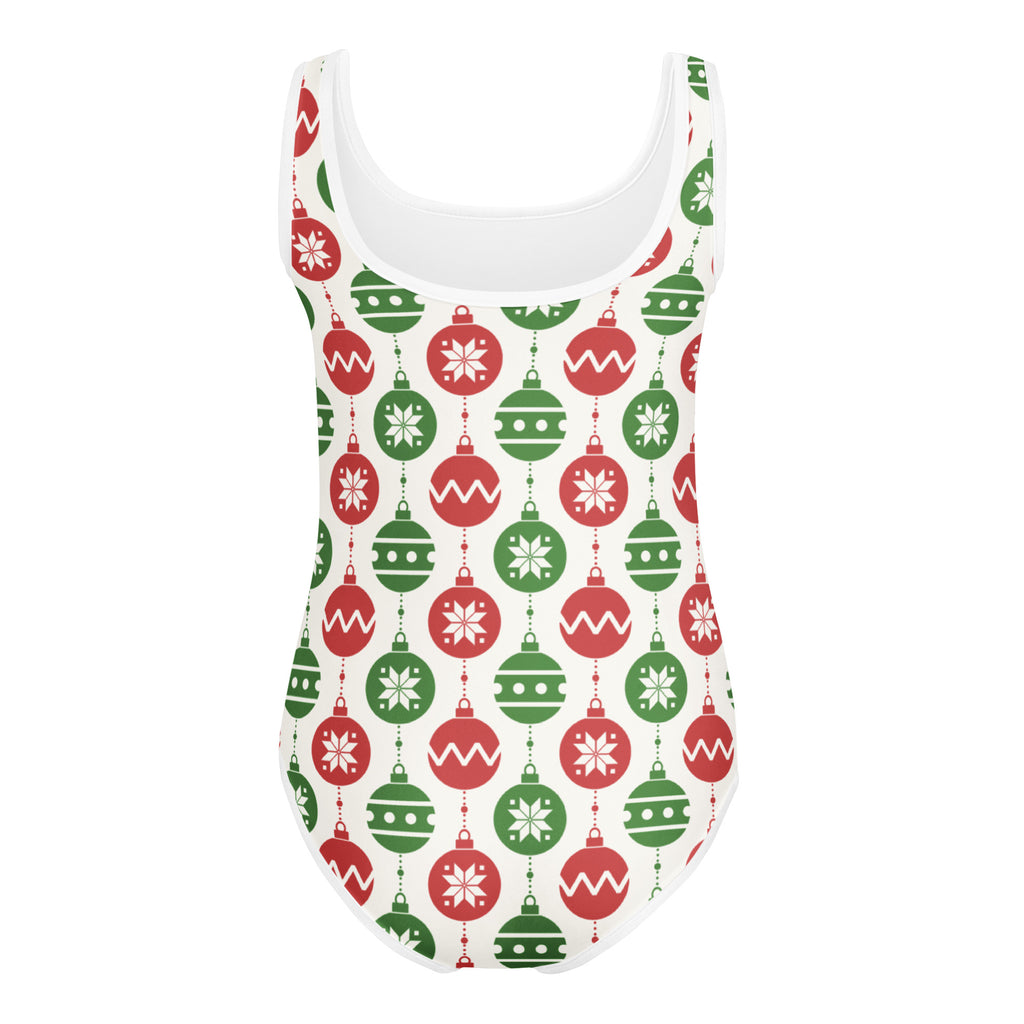White girls christmas ornament buttery soft one-piece swimsuit with red and green ornaments for dance and gymnastics