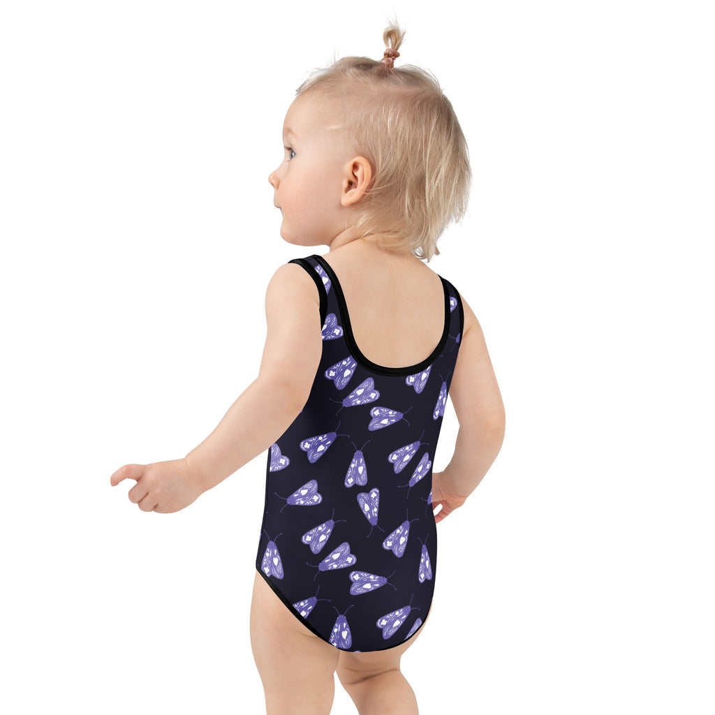 Girls purple moths buttery soft navy blue one-piece swimsuit with black trim and UPF 50 plus sun protection