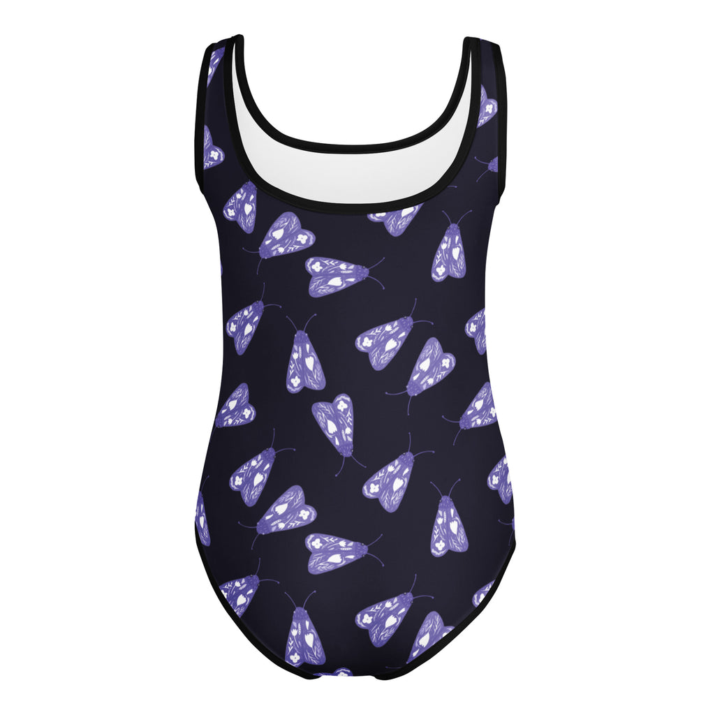 Girls purple moth buttery soft navy blue swimsuit with white heart accents and black trim for dance and gymnastics