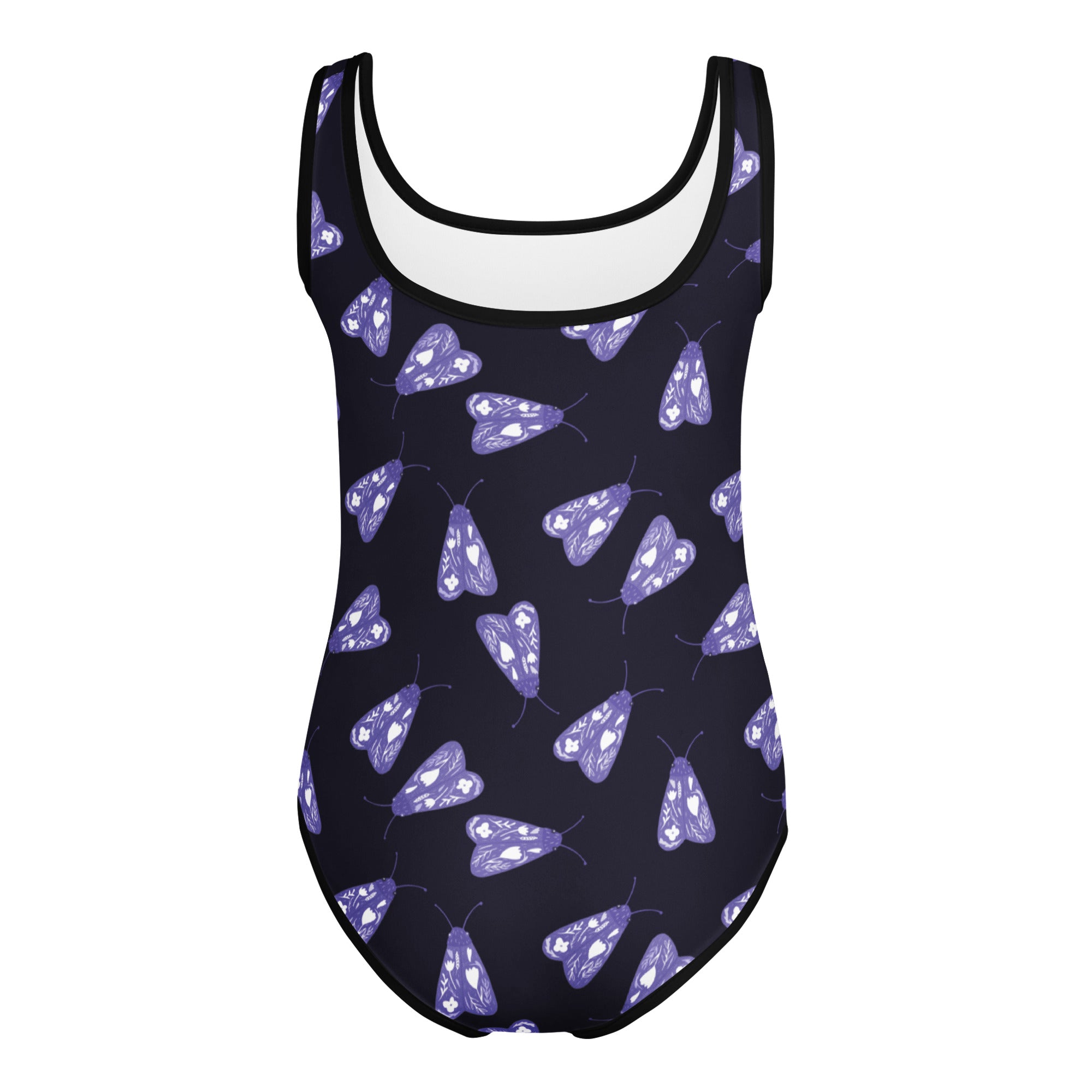 Girls purple moth buttery soft navy blue swimsuit with white heart accents and black trim for dance and gymnastics