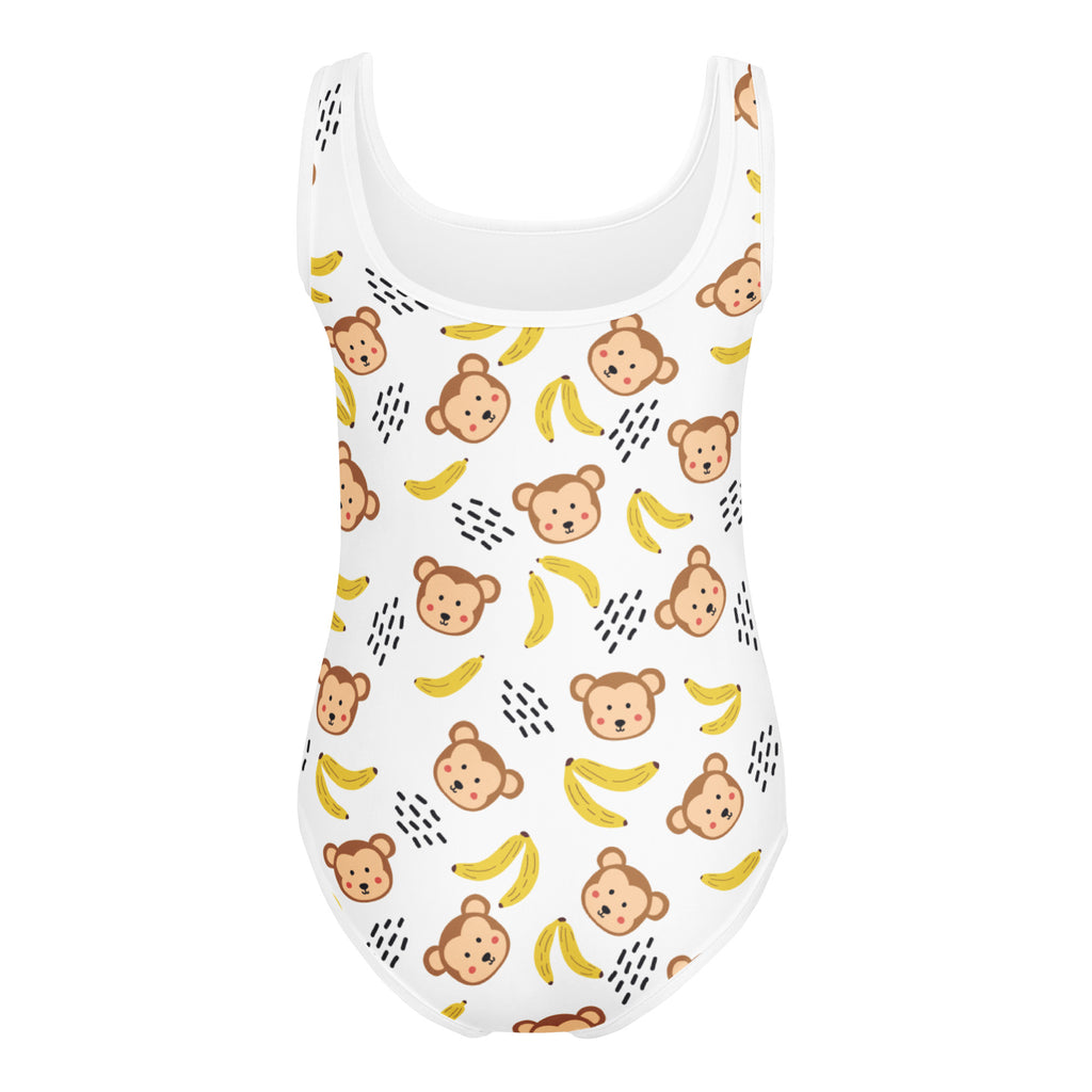 White girls monkey buttery soft quick drying one-piece leotard with playful monkey and banana pattern for dance and gymnastics