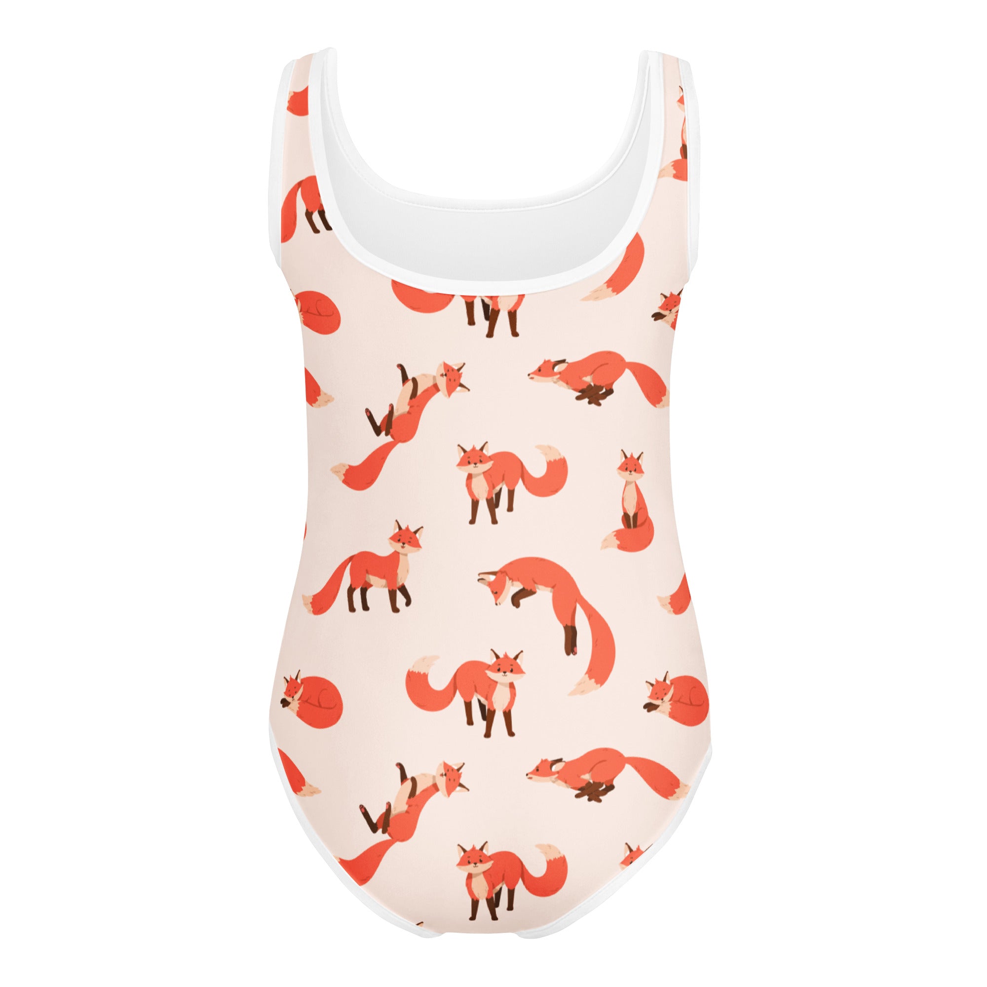 Girls fox buttery soft quick drying one-piece swimsuit in peach with cartoon fox pattern for dance and gymnastics