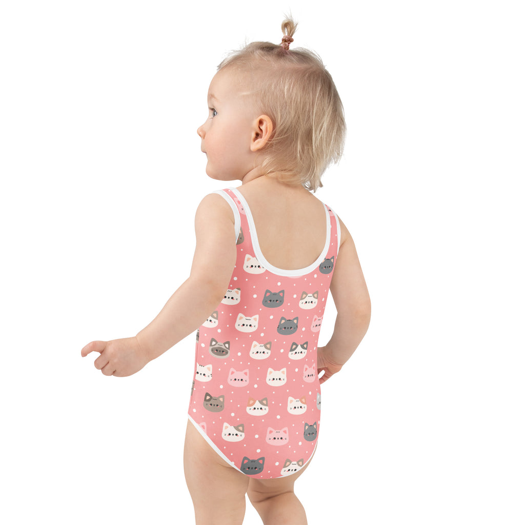 Girls cute pink cat faces buttery soft one-piece swimsuit with white trim and upf 50 plus protection