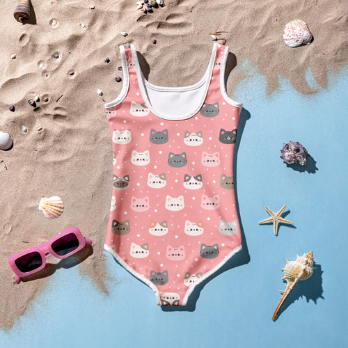 Girls cute pink cat faces buttery soft one-piece swimsuit with UPF 50 plus and white trim featuring playful cartoon cats