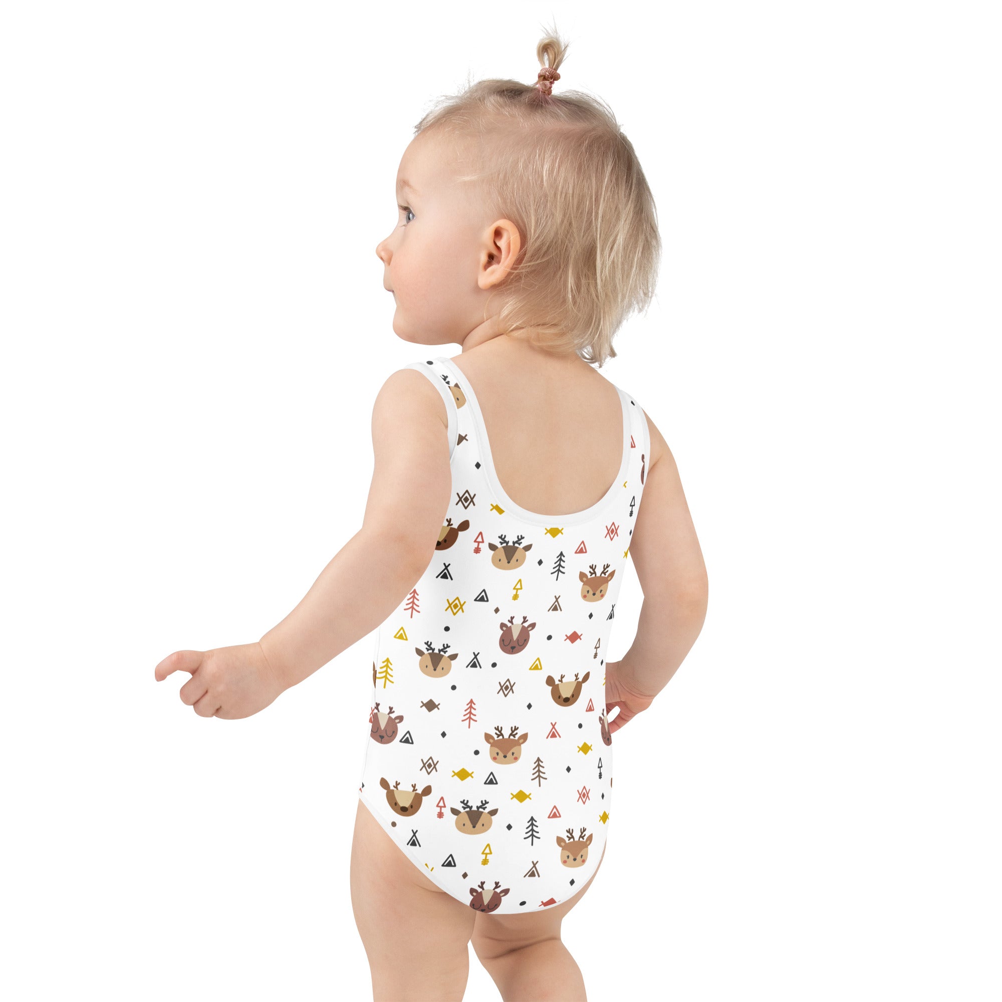White one-piece girls woodland reindeer buttery soft swimsuit with playful brown reindeer green trees and upf 50+