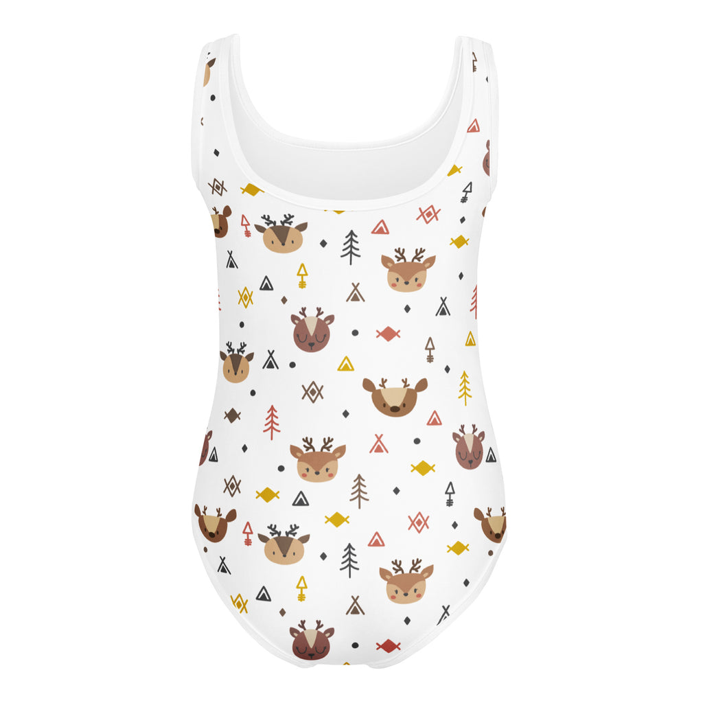 Girls woodland reindeer buttery soft white one-piece swimsuit with deer faces yellow fish and geometric shapes for dance and gymnastics