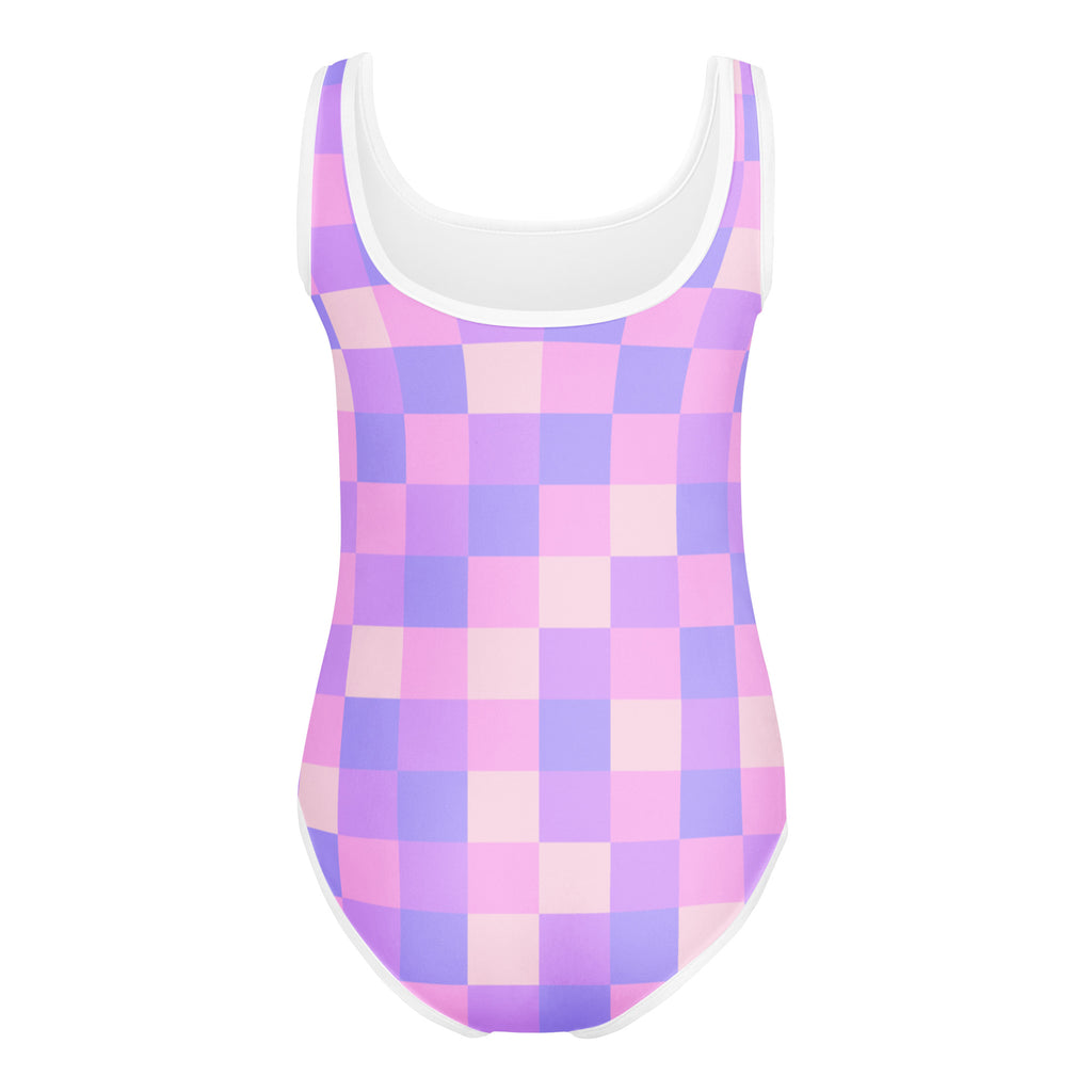 Girls purple checkered buttery soft one-piece swimsuit with white trim quick drying for dance and gymnastics