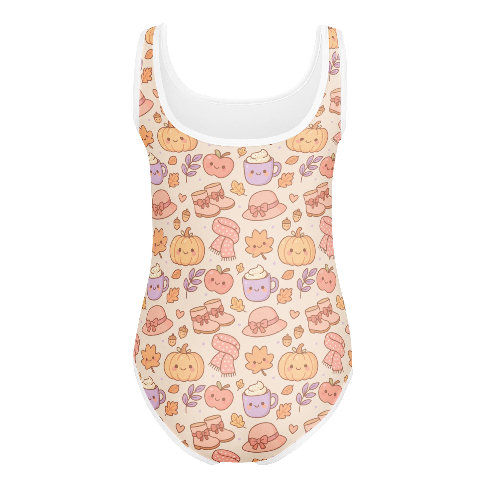Girls cute fall pumpkin buttery soft beige one-piece swimsuit with white trim and kawaii autumn pattern for dance and gymnastics