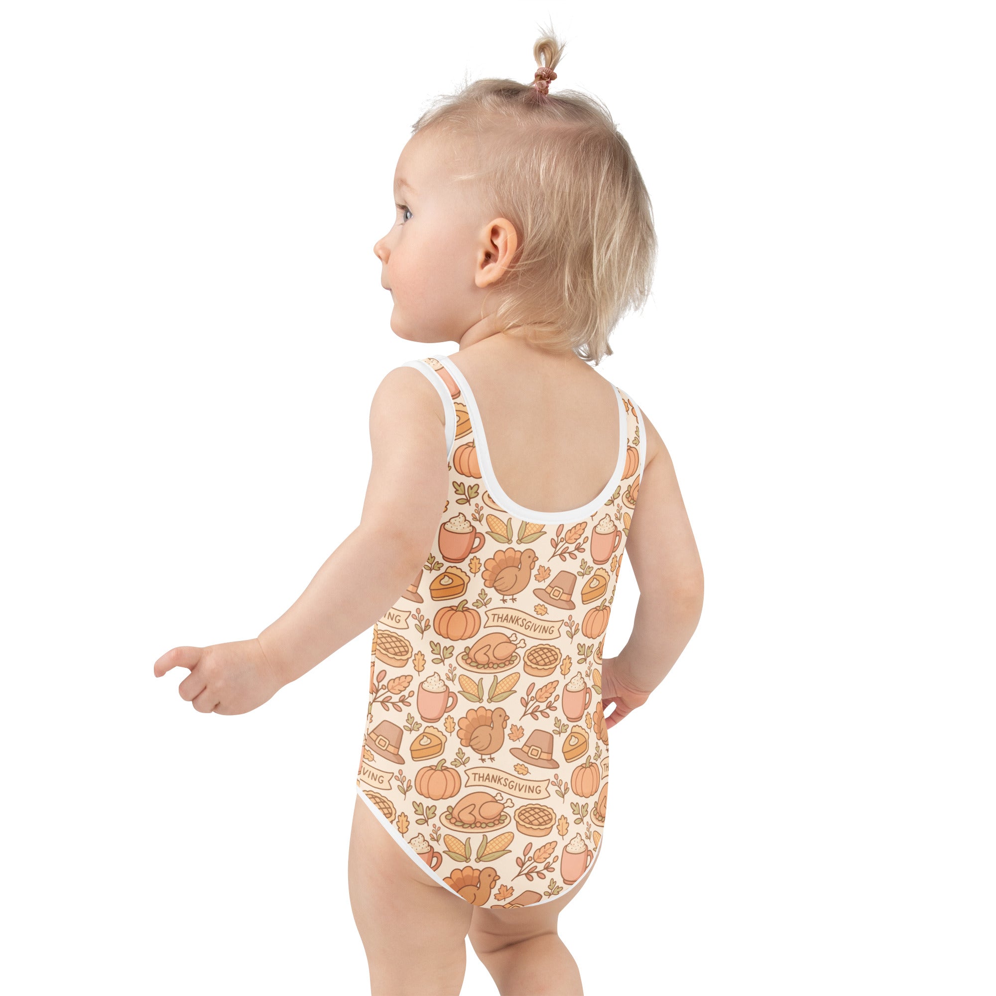 Girls thanksgiving buttery soft one-piece swimsuit with upf 50 plus featuring pumpkins turkeys and pies on cream background
