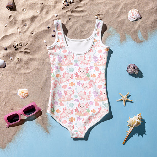 Girls axolotl buttery soft white one-piece swimsuit with pink axolotls seashells starfish and upf 50 plus protection