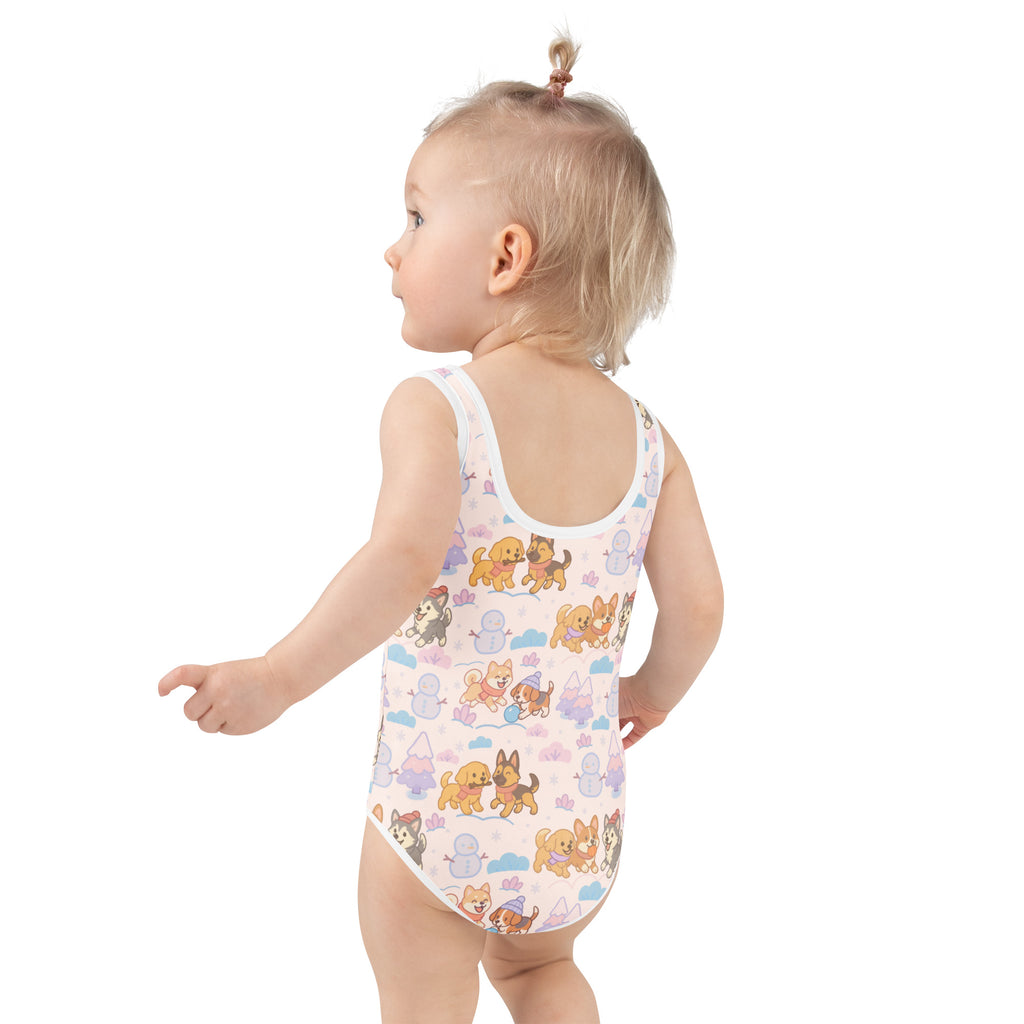 White girls winter dog buttery soft swimsuit with upf 50 plus featuring pastel cartoon dogs and snowmen pattern