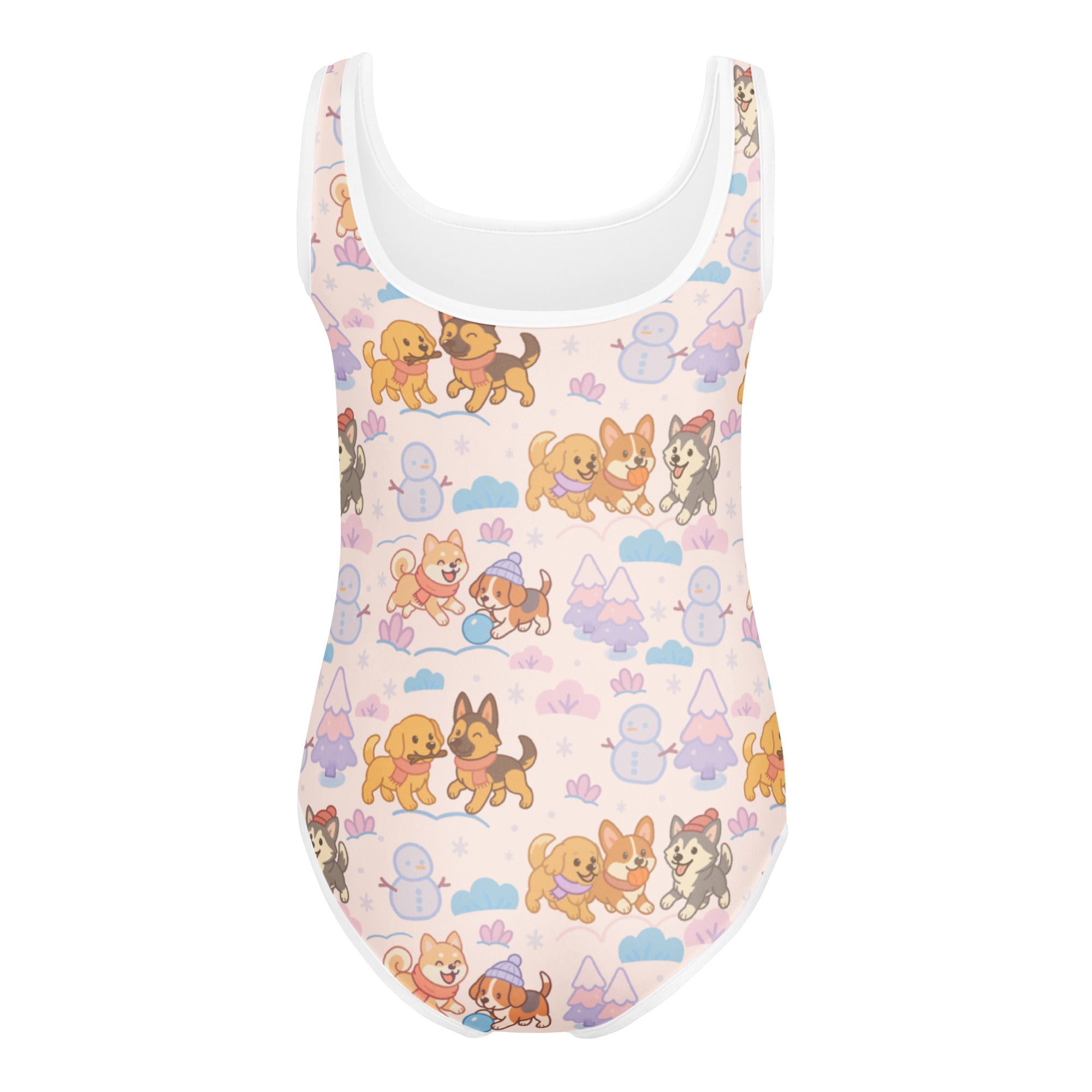 Pink girls winter puppy buttery soft leotard with white trim and pastel cartoon dogs snowmen and trees pattern for dance