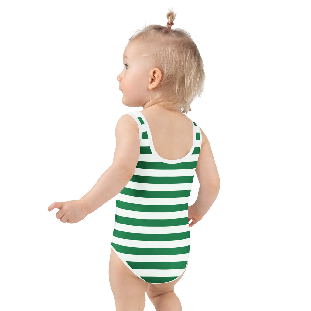 Girls green and white buttery soft toddler swimsuit with UPF 50+ and horizontal stripes front view
