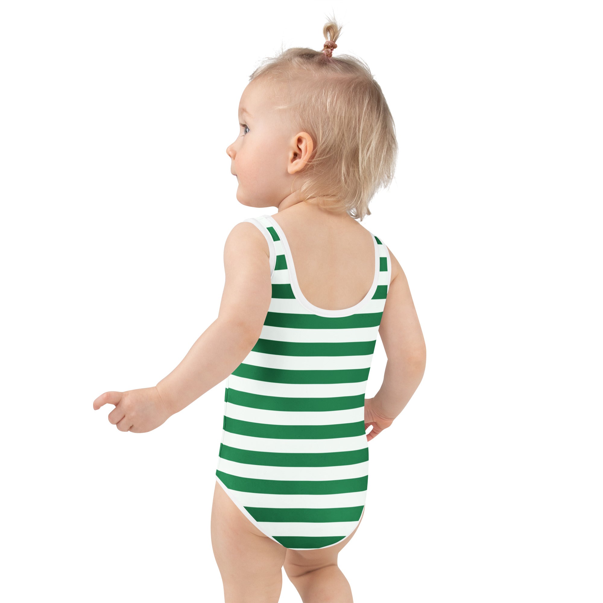 Girls green and white buttery soft toddler swimsuit with UPF 50+ and horizontal stripes front view