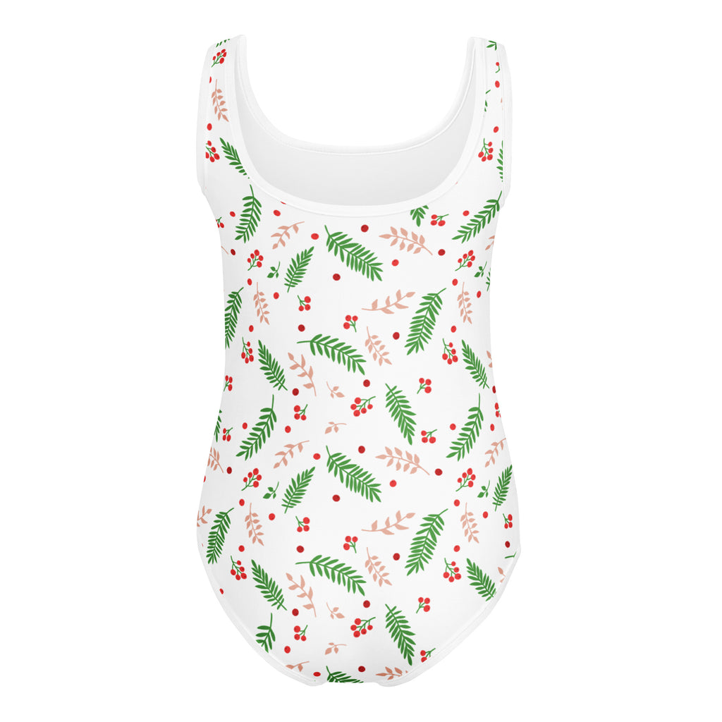 White girls holiday holly buttery soft quick drying leotard with festive green ferns red berries and blush leaves pattern
