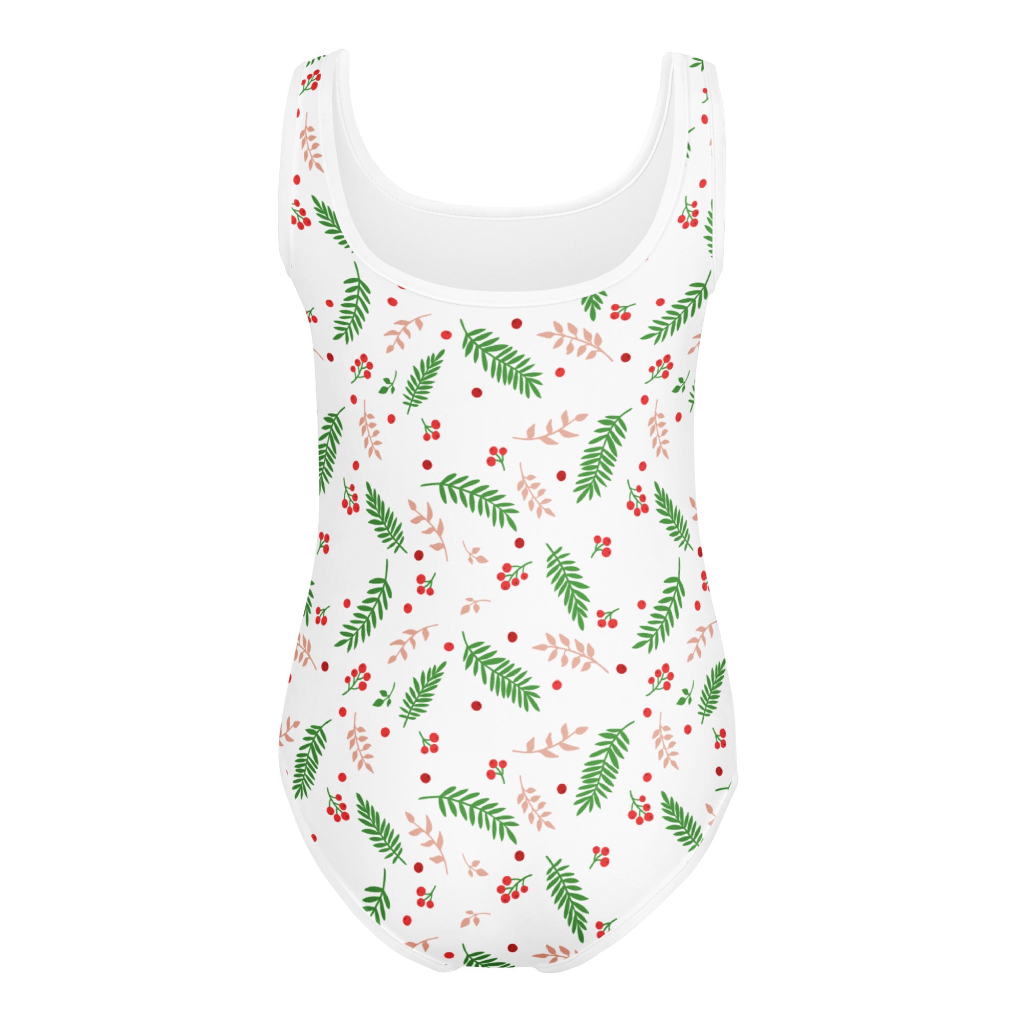 White girls holiday holly buttery soft quick drying leotard with festive green ferns red berries and blush leaves pattern