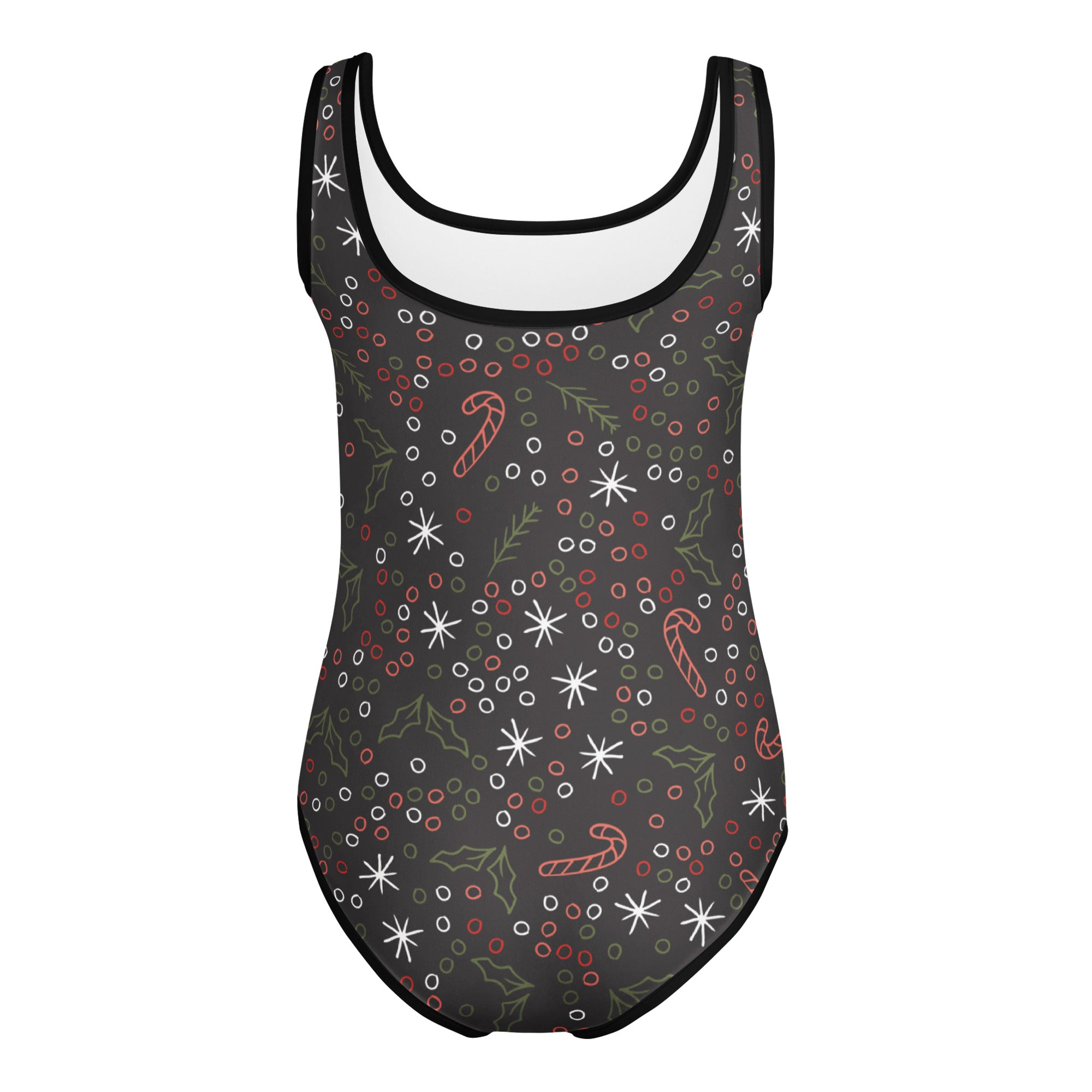 Black tank-style leotard with festive holiday candy cane pattern in red white and green for girls dance and gymnastics