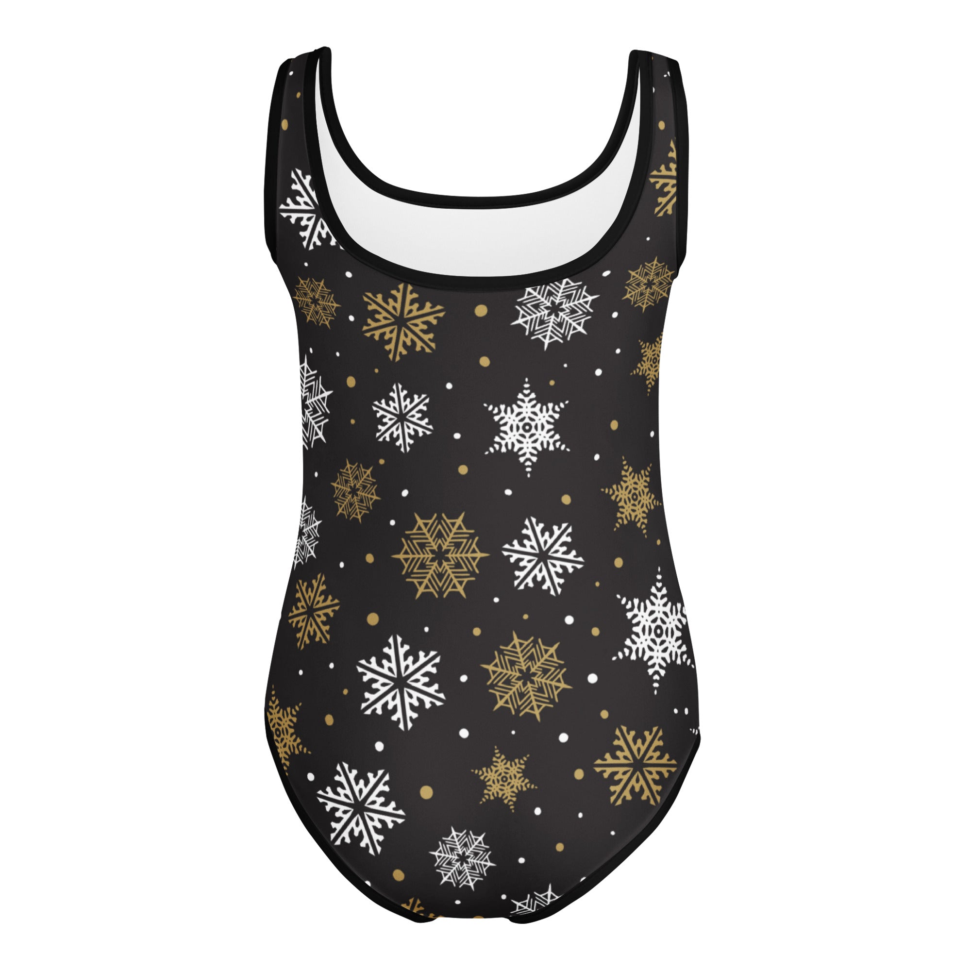 Black one-piece swimsuit with white and gold snowflake patterns buttery soft quick drying for dance and gymnastics