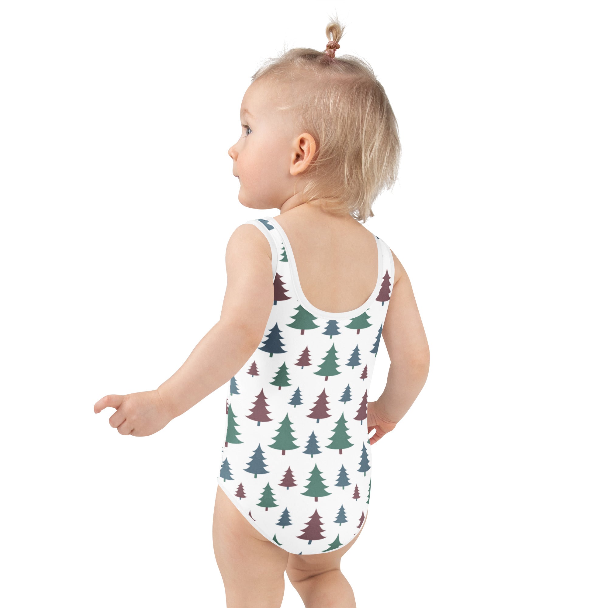Girls Christmas tree buttery soft white one-piece swimsuit with green and maroon pine tree pattern and UPF 50+ protection