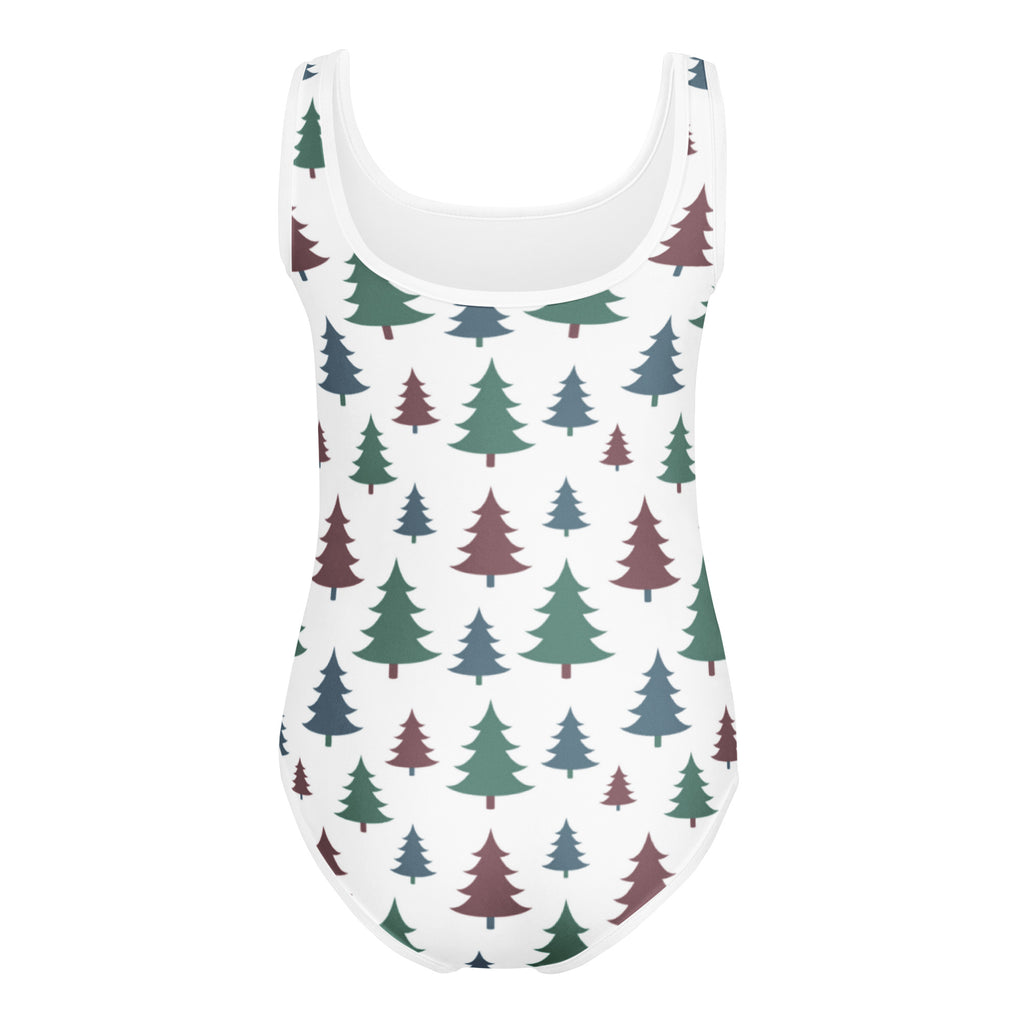 White buttery soft girls leotard with green and maroon pine tree pattern quick drying for dance and gymnastics