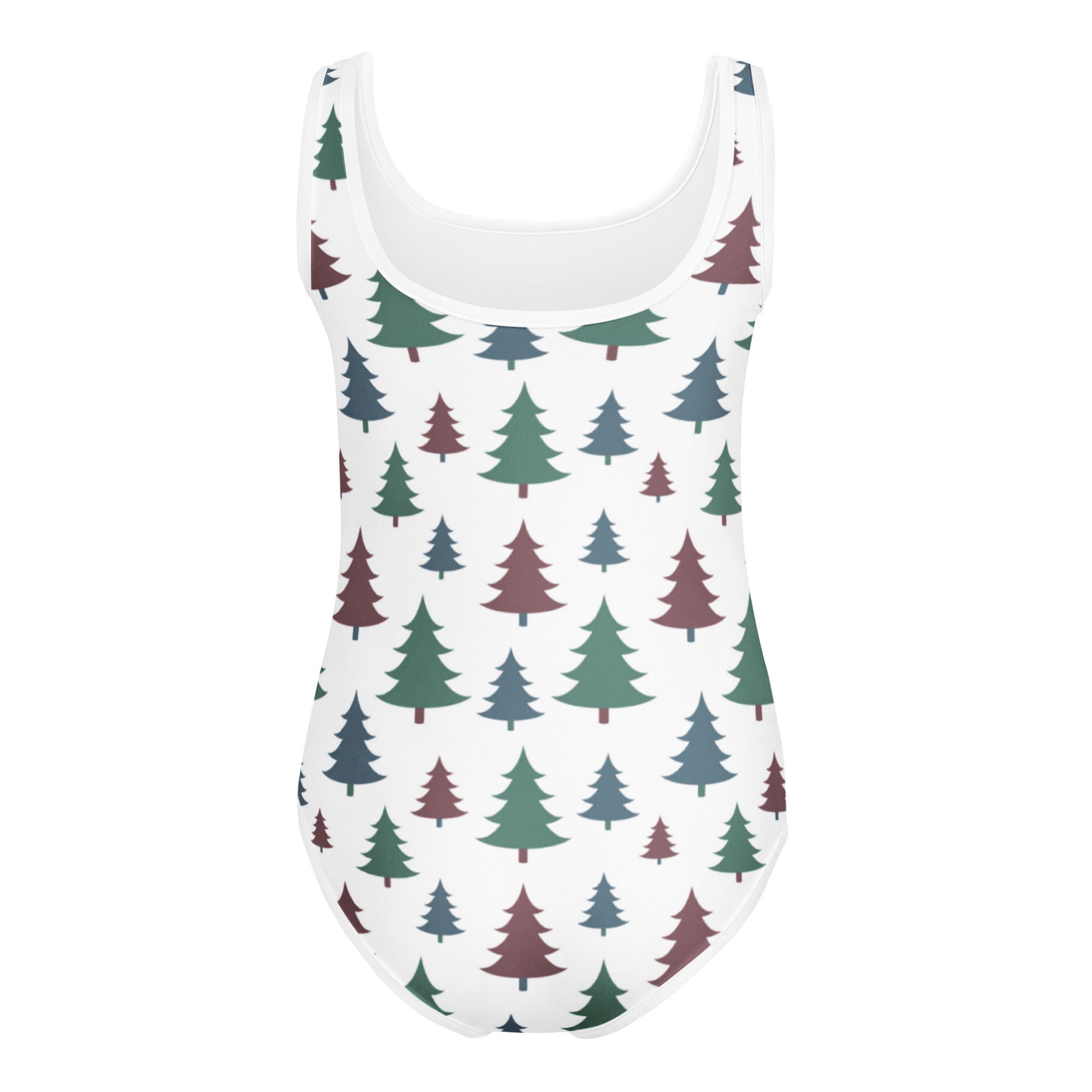 White buttery soft girls leotard with green and maroon pine tree pattern quick drying for dance and gymnastics