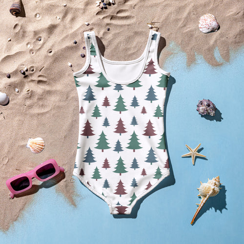 Girls Christmas tree buttery soft white one-piece swimsuit with green and maroon evergreen tree pattern and UPF 50+ protection
