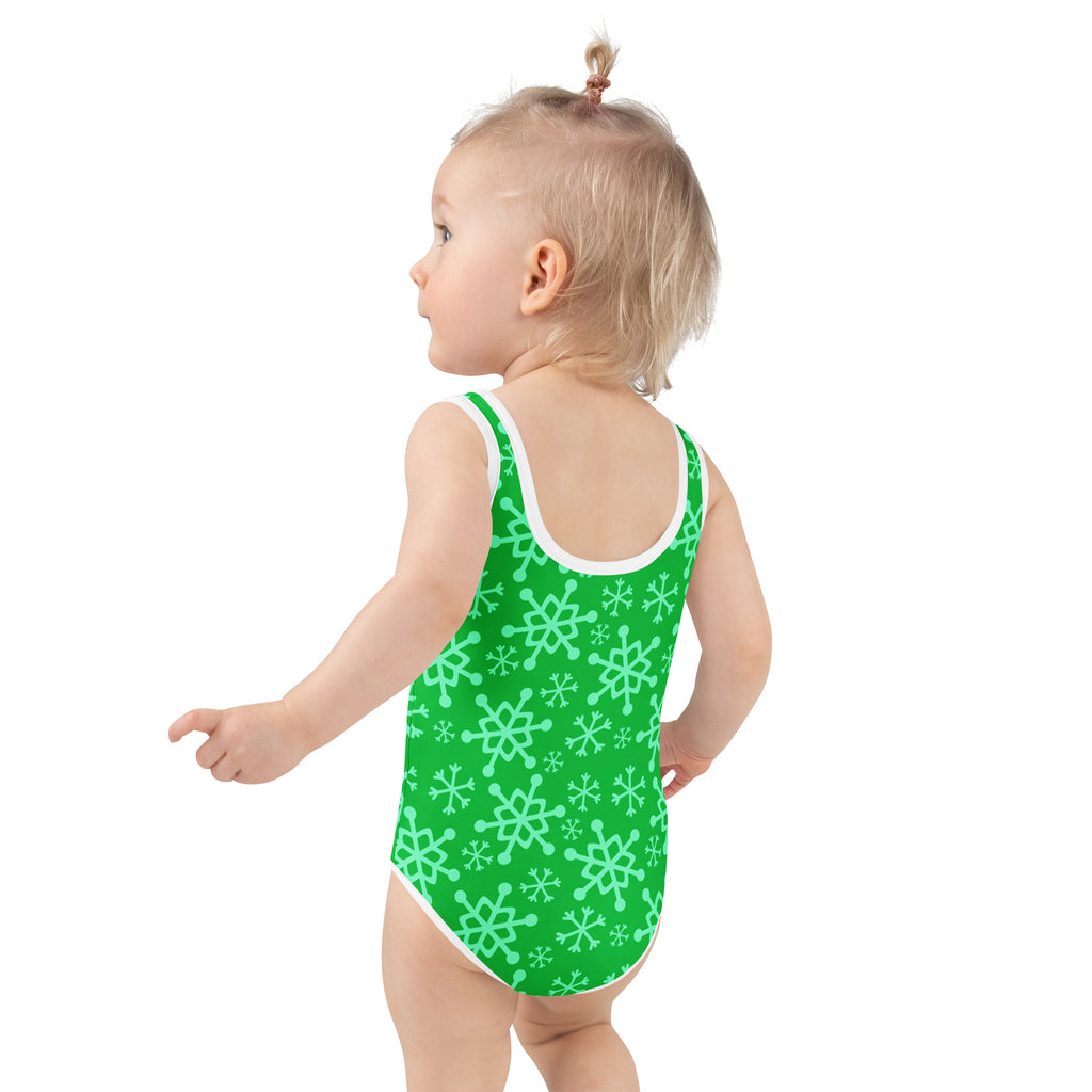 Girls green one-piece Christmas swimsuit with light green snowflake pattern white trim buttery soft fabric UPF 50+
