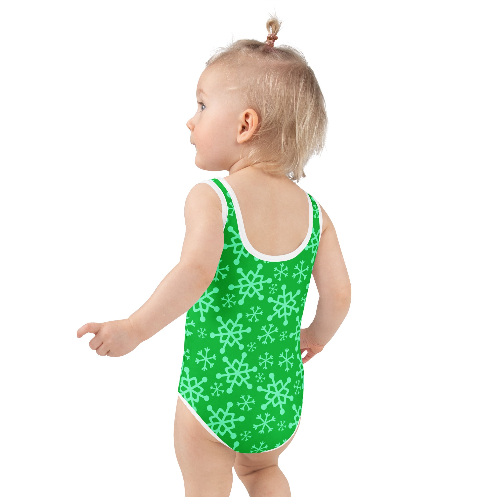 Girls green one-piece Christmas swimsuit with light green snowflake pattern white trim buttery soft fabric UPF 50+