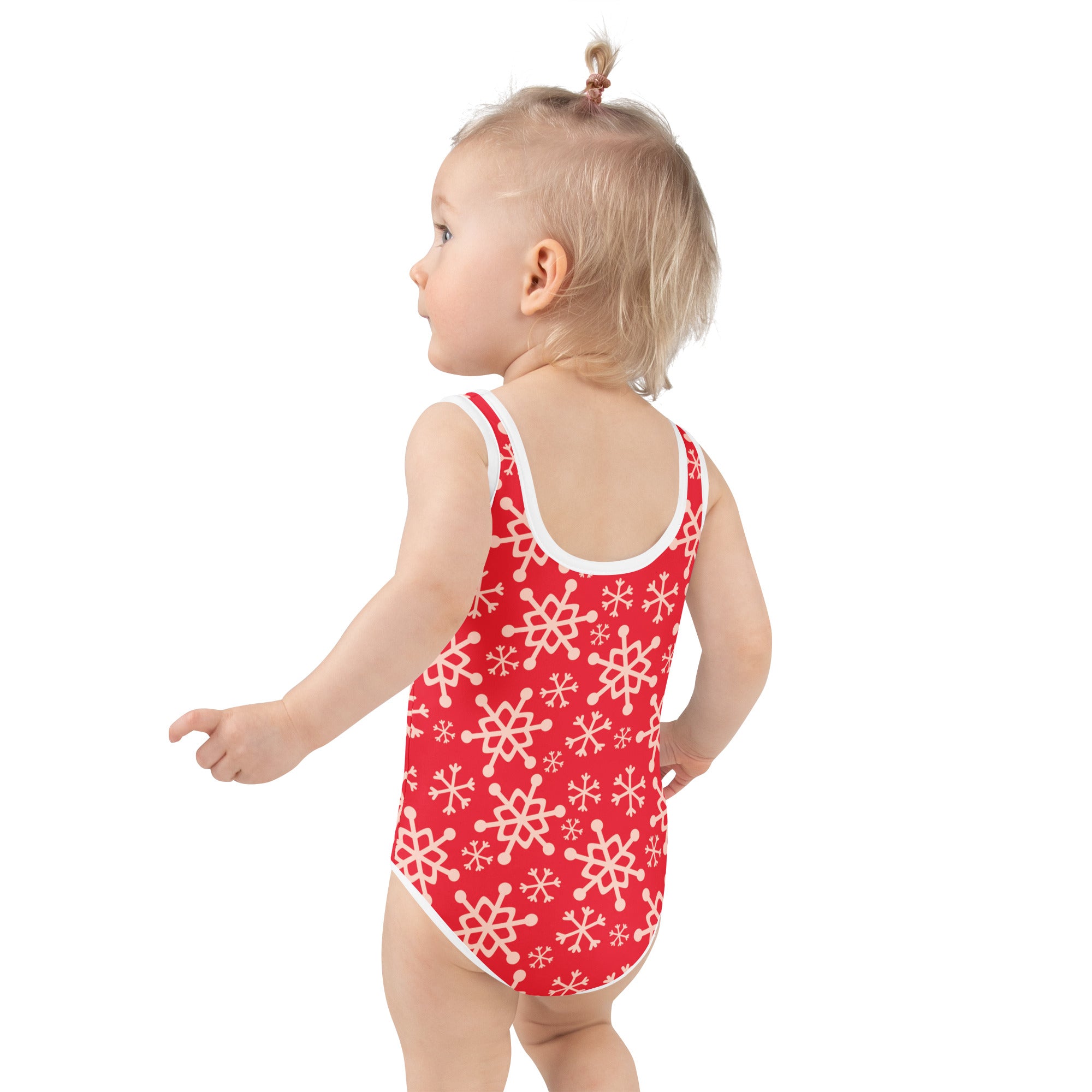Girls red one-piece swimsuit with white snowflake pattern white trim buttery soft fabric and UPF 50+ protection