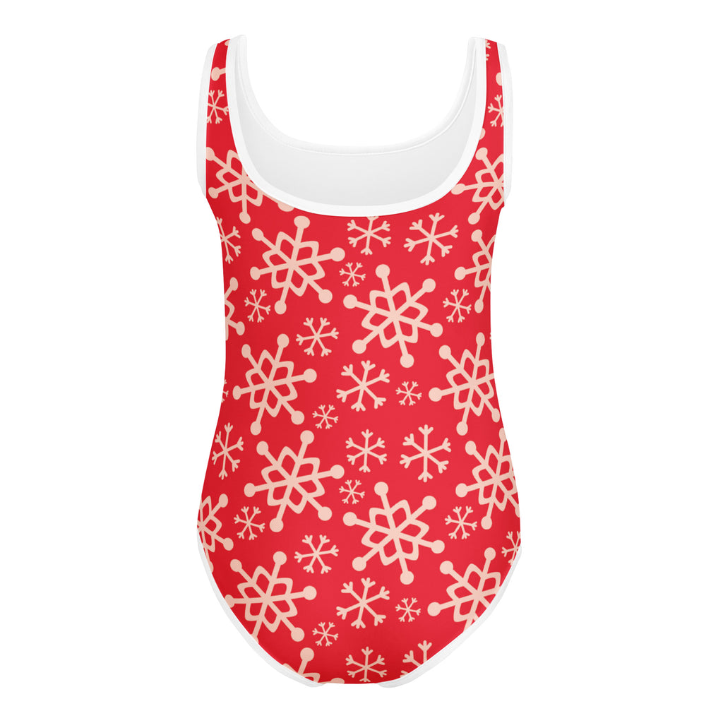 Girls red snowflakes buttery soft leotard with white snowflake pattern and trim for dance and gymnastics