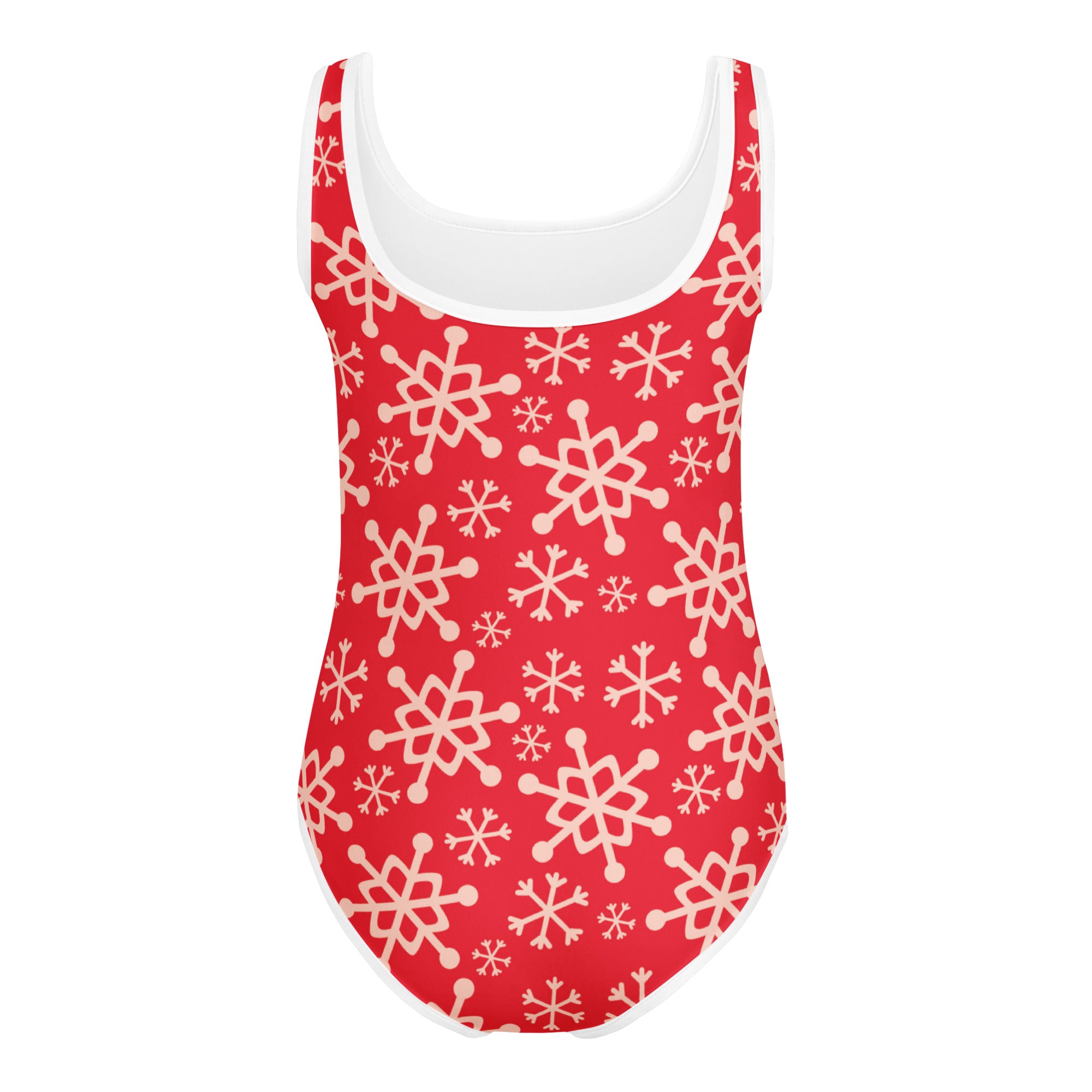Girls red snowflakes buttery soft leotard with white snowflake pattern and trim for dance and gymnastics