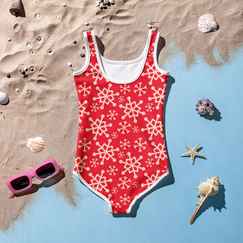 Girls red one-piece swimsuit with white snowflake pattern and trim buttery soft fabric upf 50 plus protection