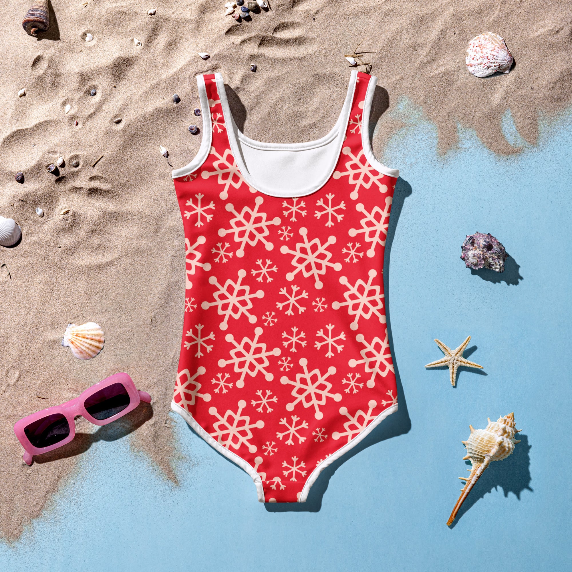 Girls red one-piece swimsuit with white snowflake pattern and trim buttery soft fabric upf 50 plus protection