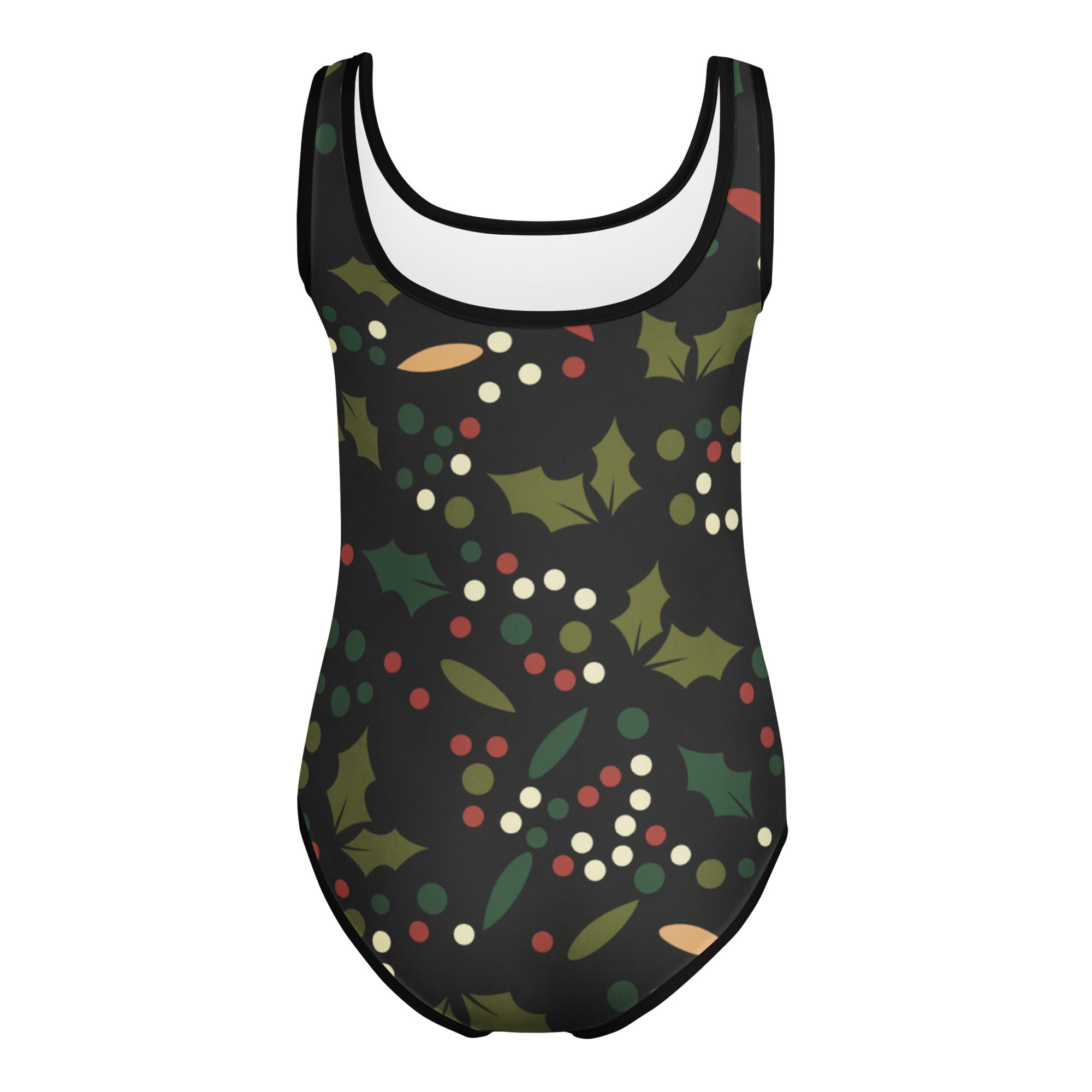 Black one-piece girls leotard with festive holly berry pattern made of buttery soft quick drying fabric for dance and gymnastics