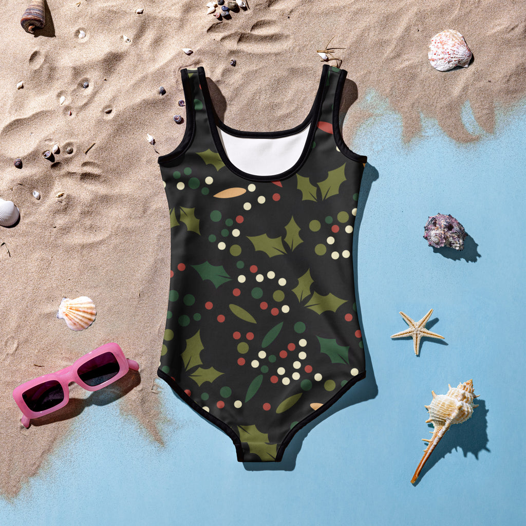 Black girls one-piece swimsuit with festive holly berry pattern buttery soft fabric and upf 50 plus protection