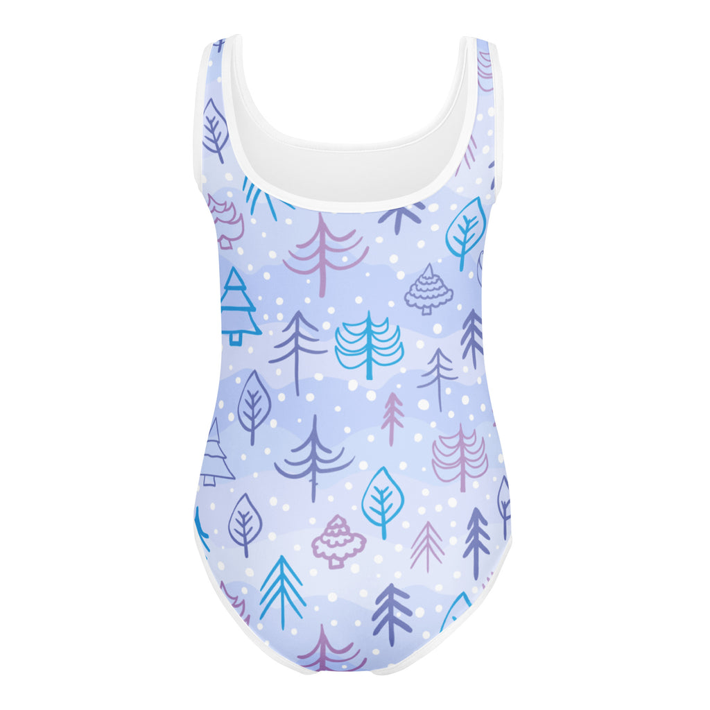 Girls winter trees buttery soft light blue leotard with white trim and stylized tree pattern for dance and gymnastics
