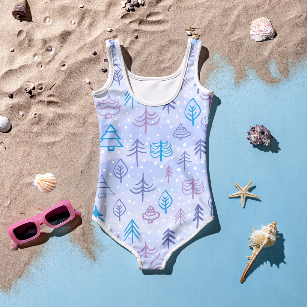 Girls winter forest buttery soft light blue one-piece swimsuit with white trim and playful teal purple pink pattern