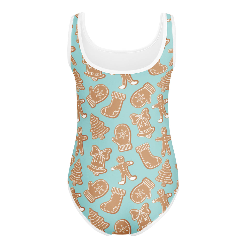Turquoise girls gingerbread cookie leotard with white trim featuring festive brown gingerbread motifs quick drying