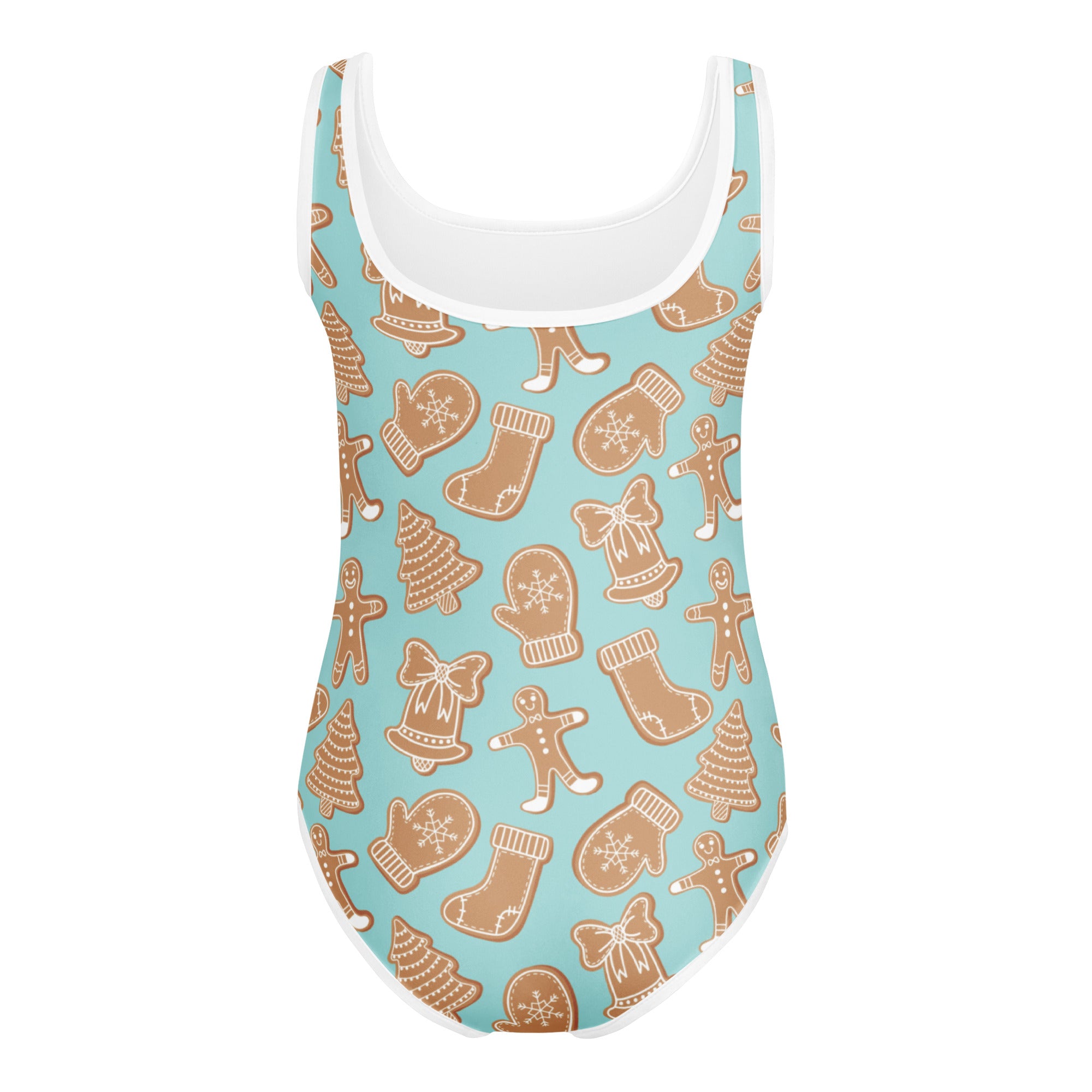 Turquoise girls gingerbread cookie leotard with white trim featuring festive brown gingerbread motifs quick drying