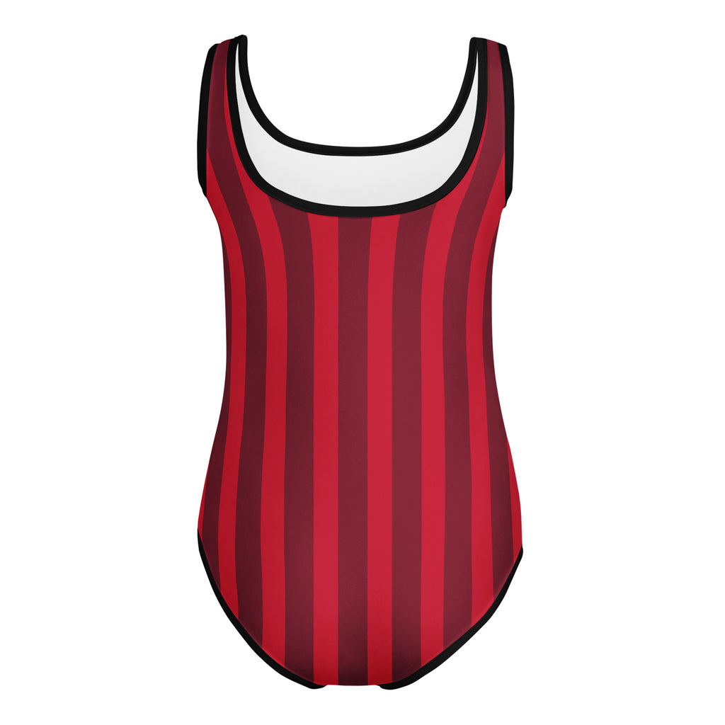 Girls red and maroon striped buttery soft one-piece swimsuit with black trim quick drying for dance and gymnastics