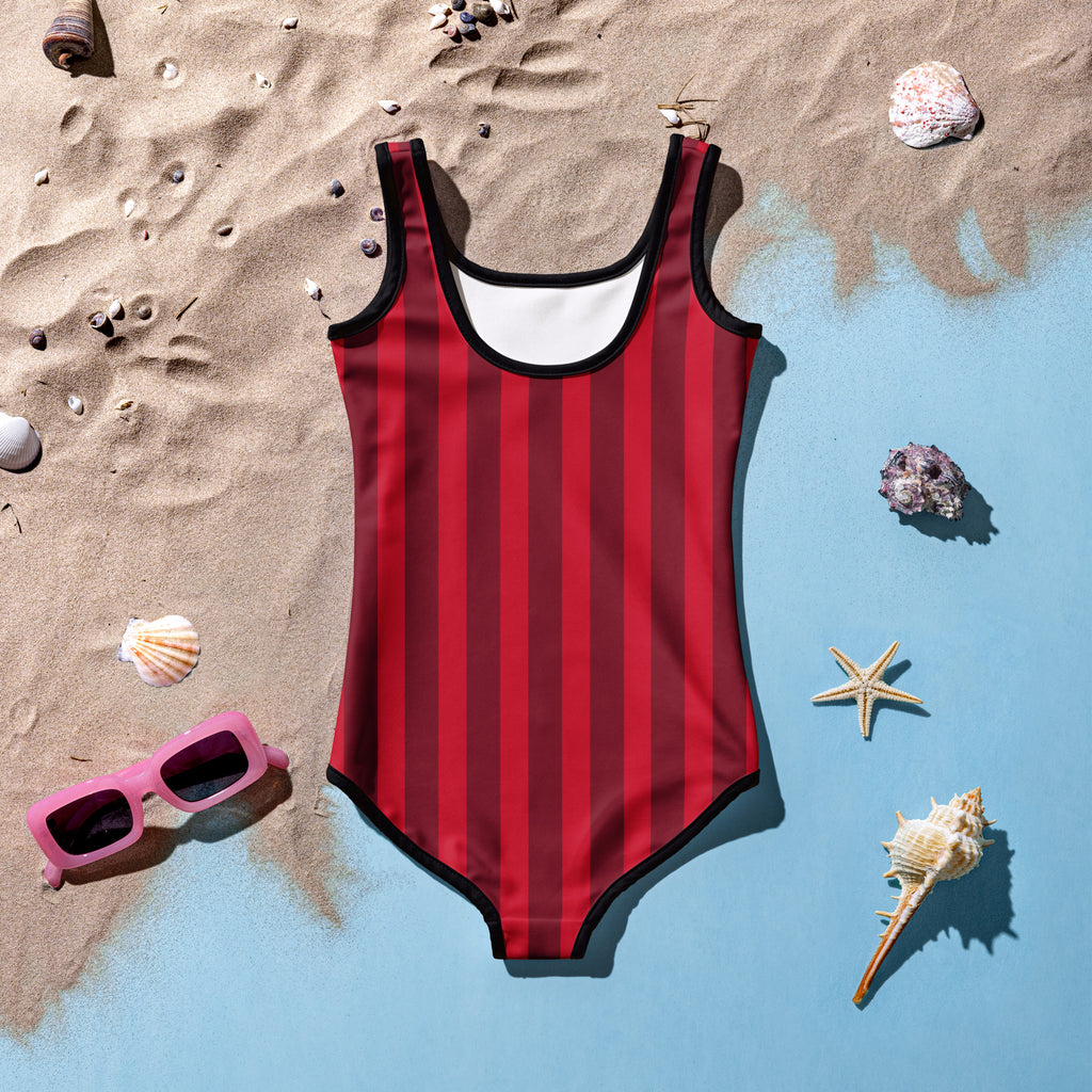 Girls red and black vertically striped buttery soft swimsuit with white lining and UPF 50 plus for Christmas use