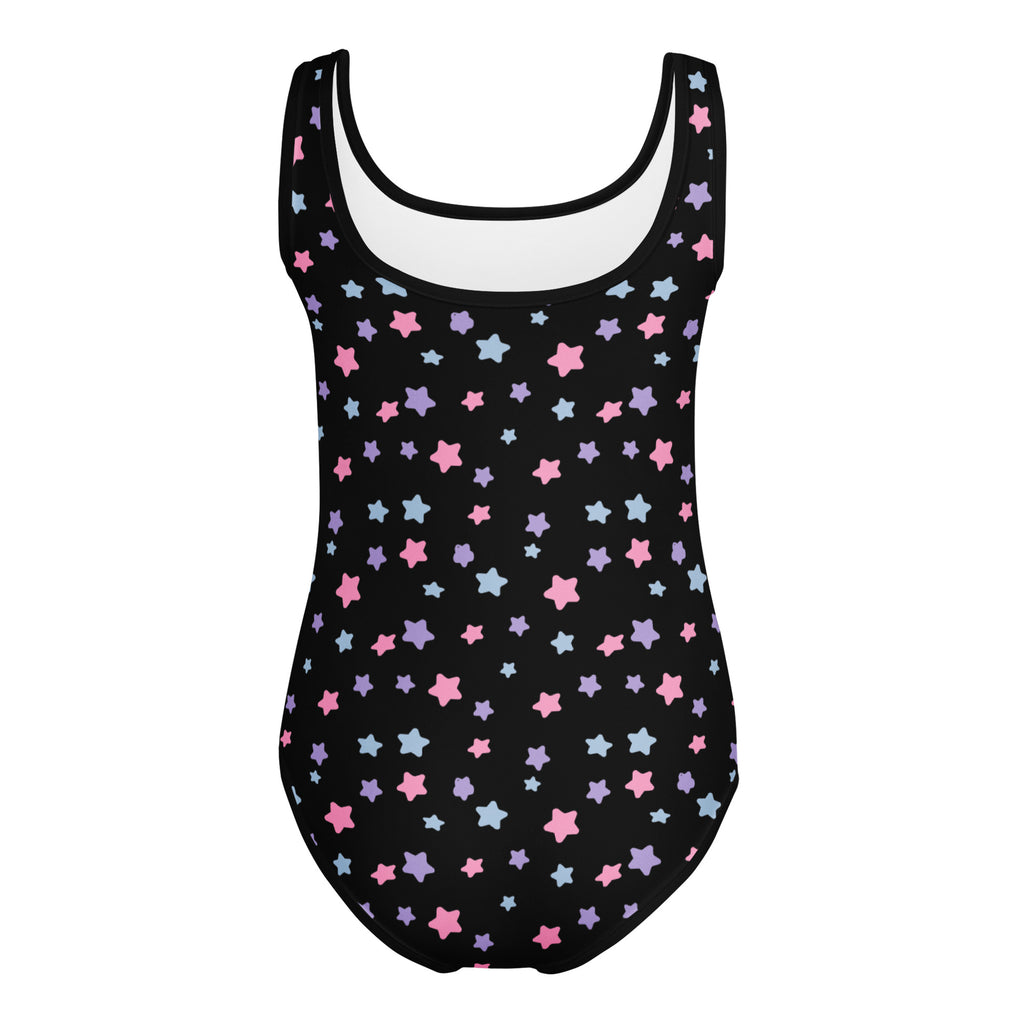 Girls pastel star buttery soft one-piece swimsuit with pink light blue and lavender stars quick drying for dance and gymnastics
